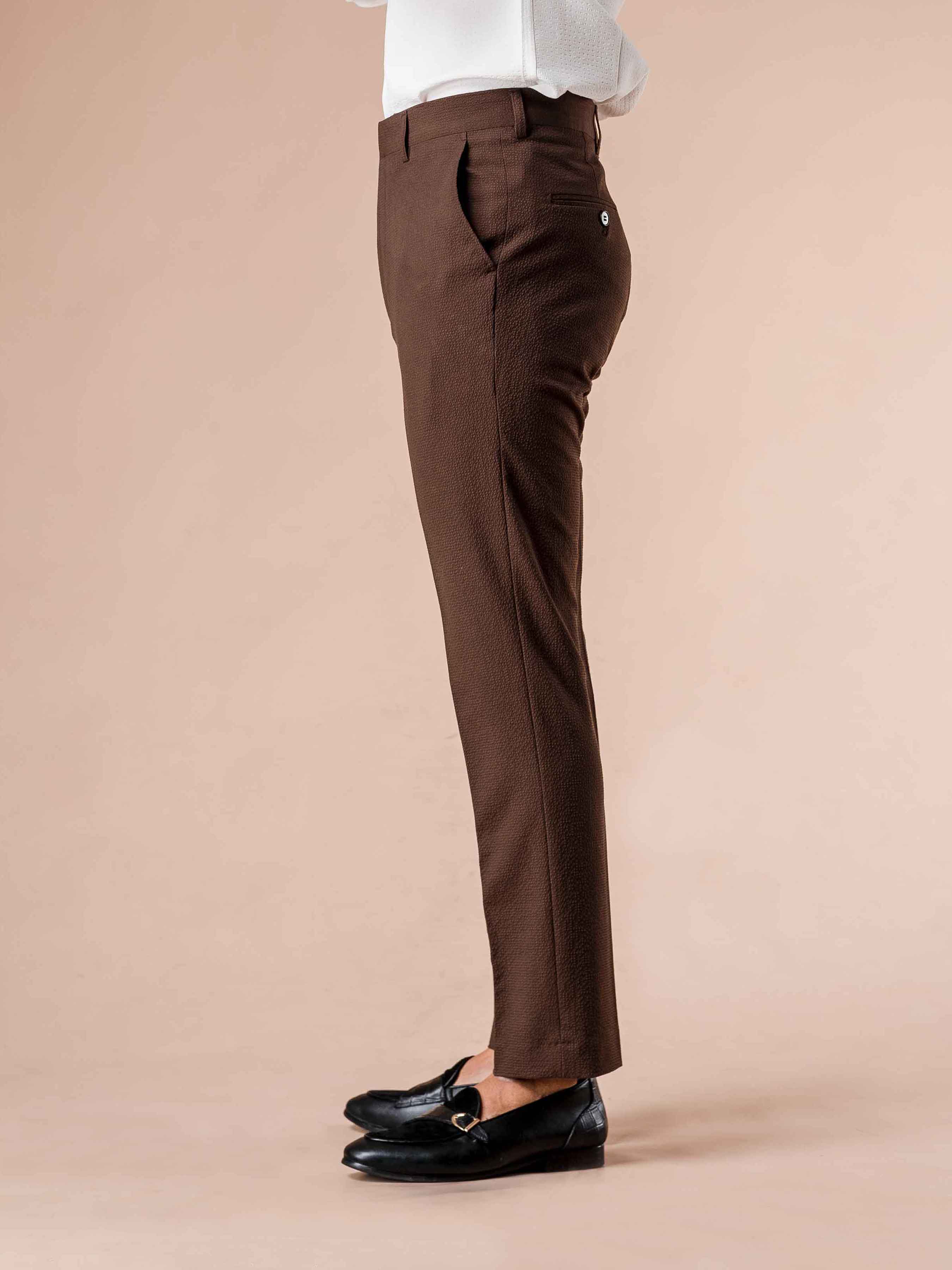 Trousers With Belt Loop - Seersucker Coffee Plain (Slim Straight)