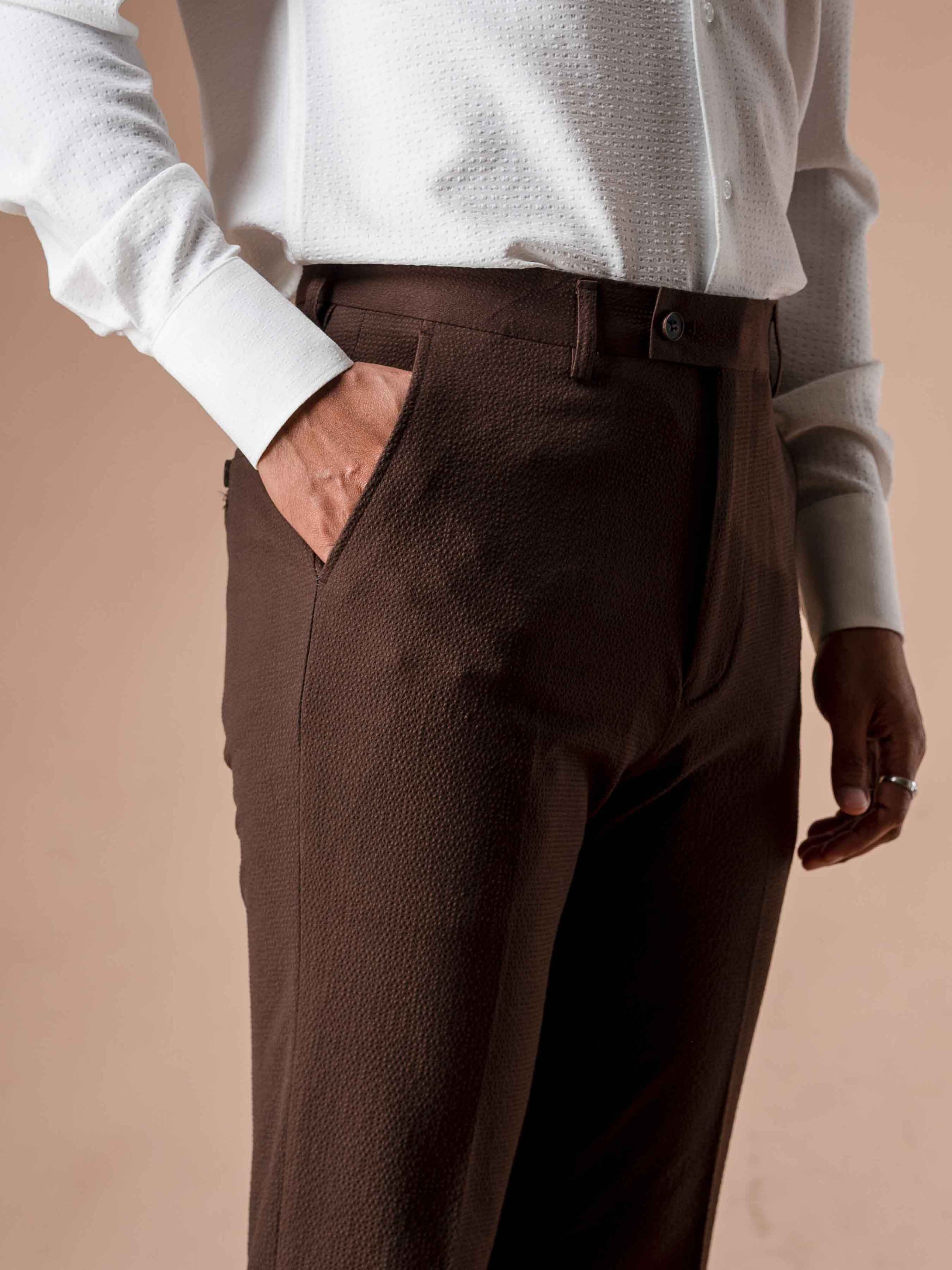 Trousers With Belt Loop - Seersucker Coffee Plain (Slim Straight)