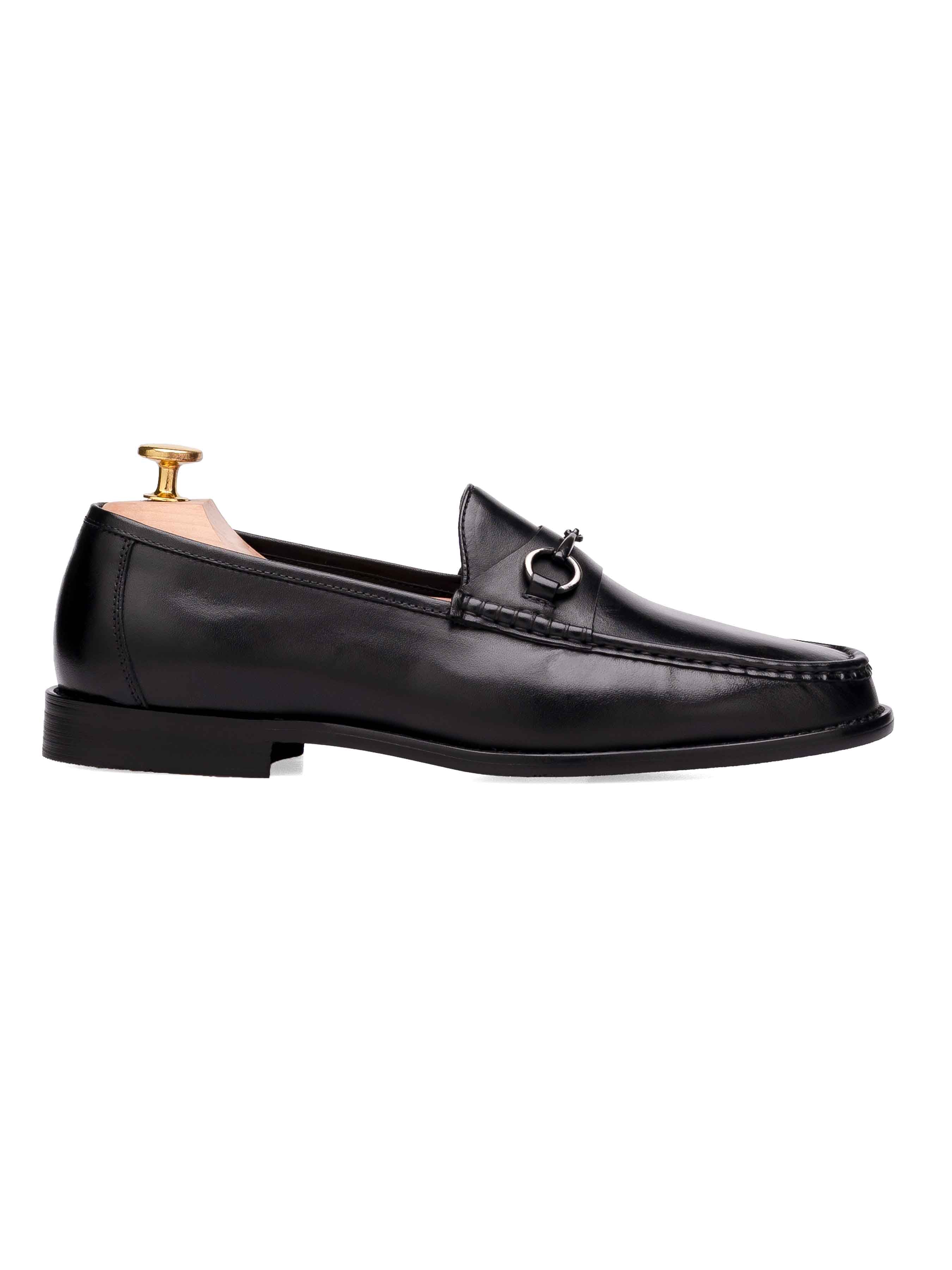 Mario Horsebit Moccasin Loafer - Black Leather (Silver Buckle)