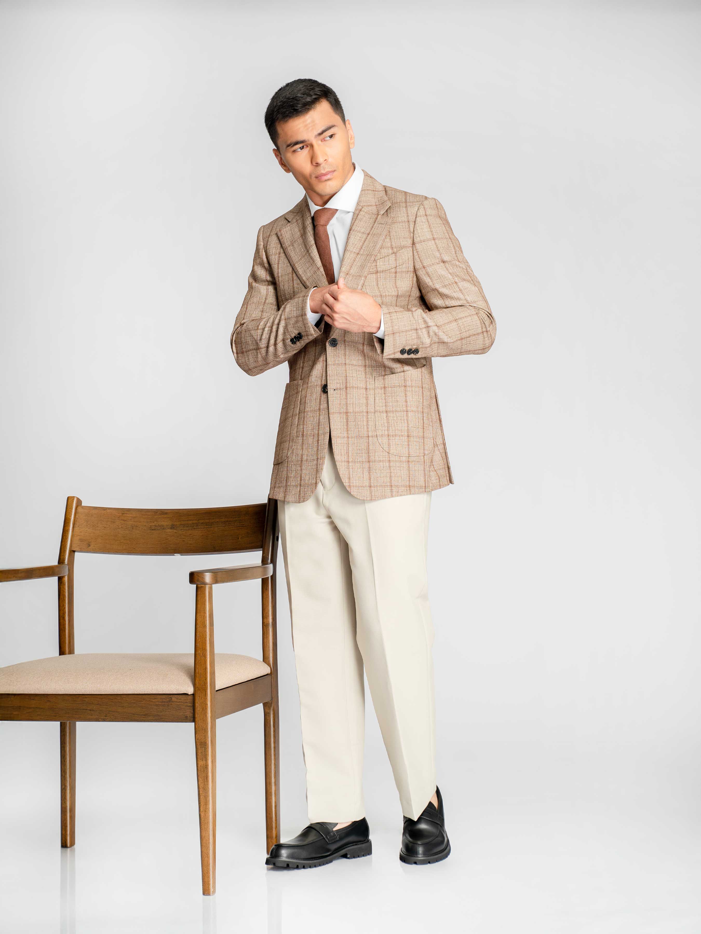 Single Breasted Suit Blazer – Sand Brown with Camel Line Checkered (Notch Lapel)
