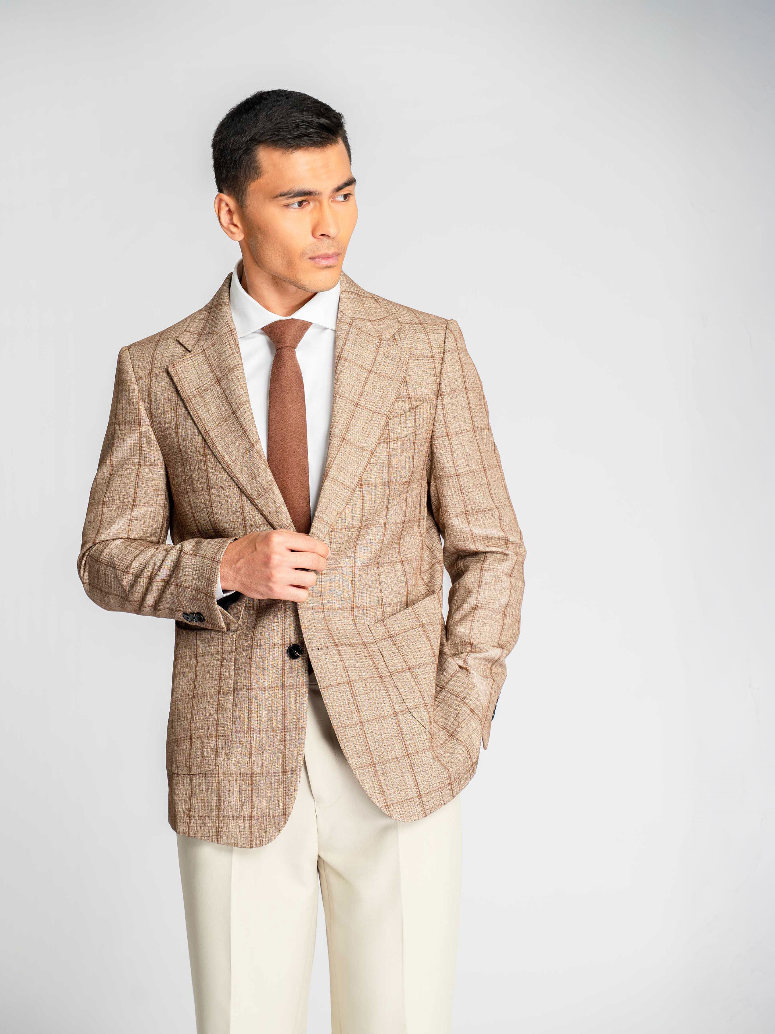 Single Breasted Suit Blazer – Sand Brown with Camel Line Checkered (Notch Lapel)