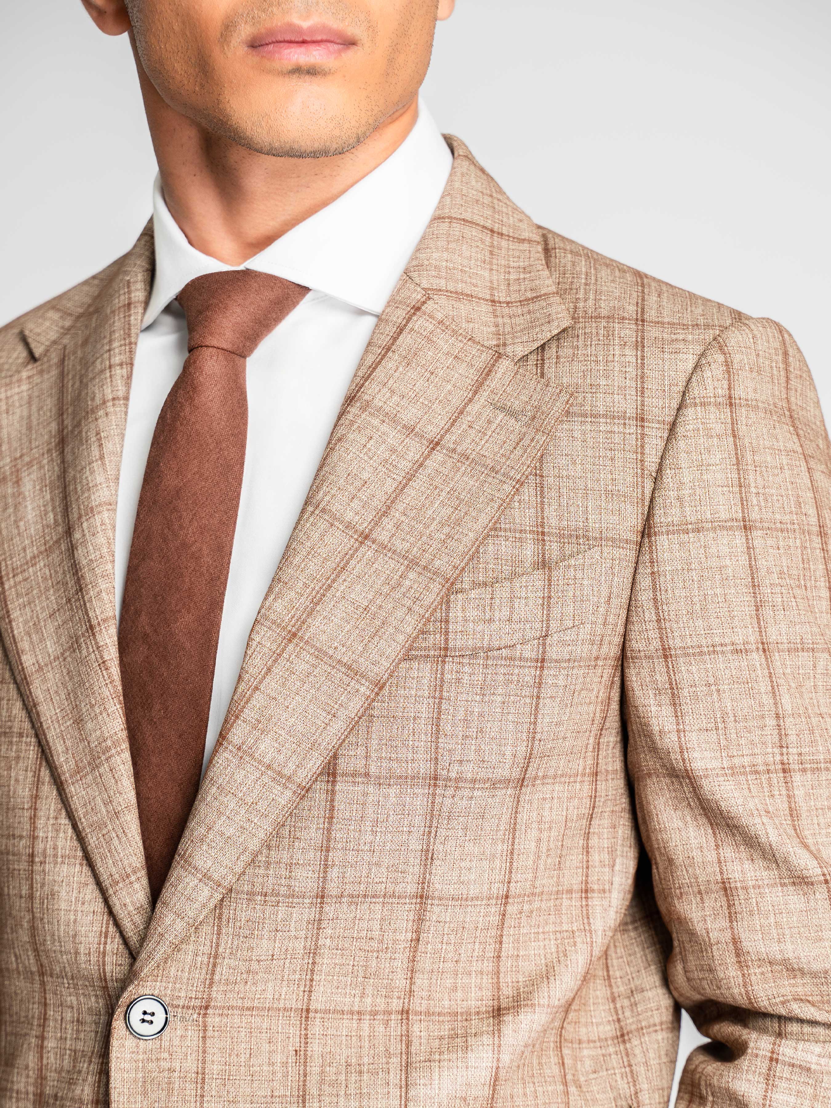 Single Breasted Suit Blazer – Sand Brown with Camel Line Checkered (Notch Lapel)