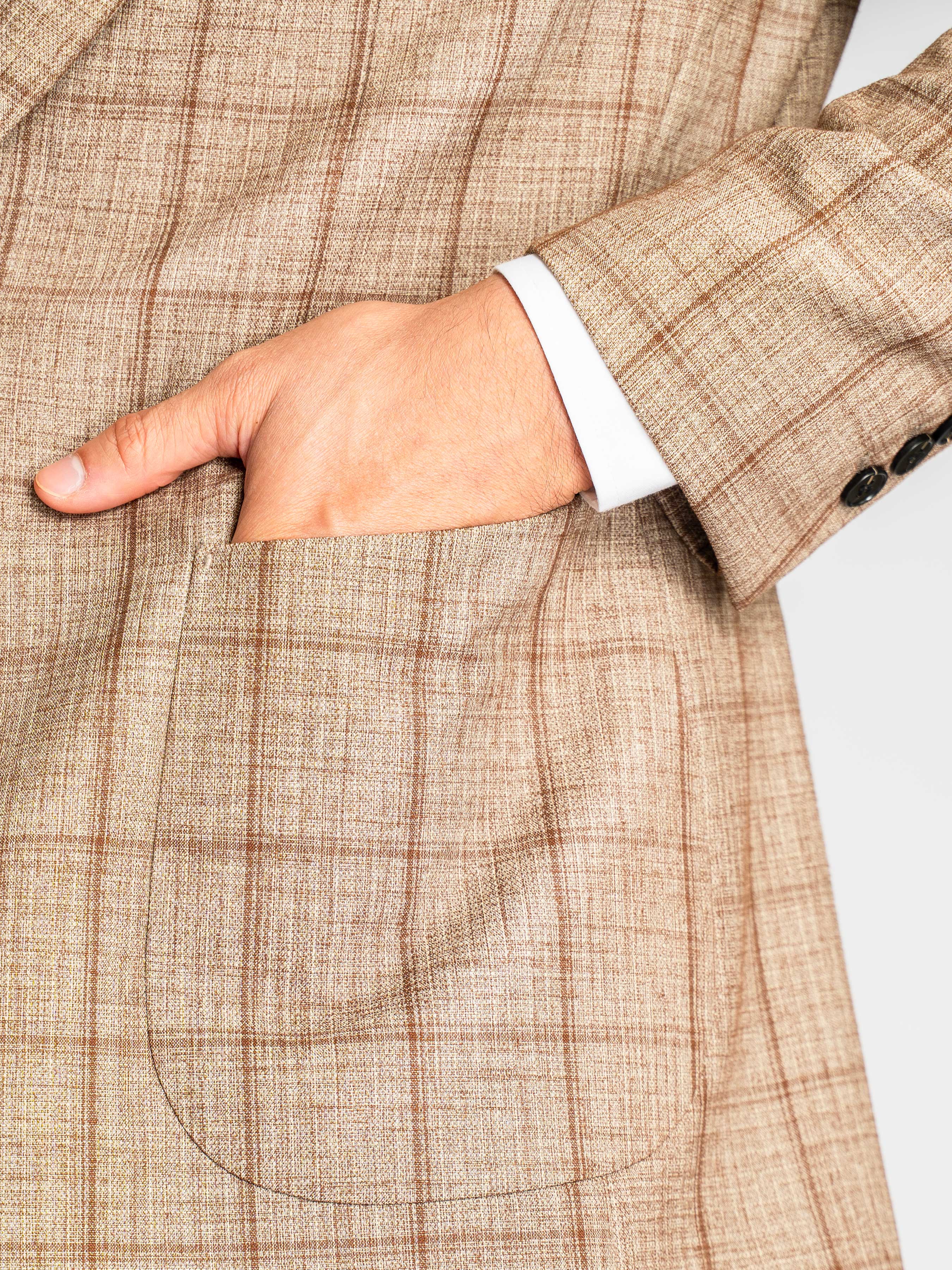 Single Breasted Suit Blazer – Sand Brown with Camel Line Checkered (Notch Lapel)