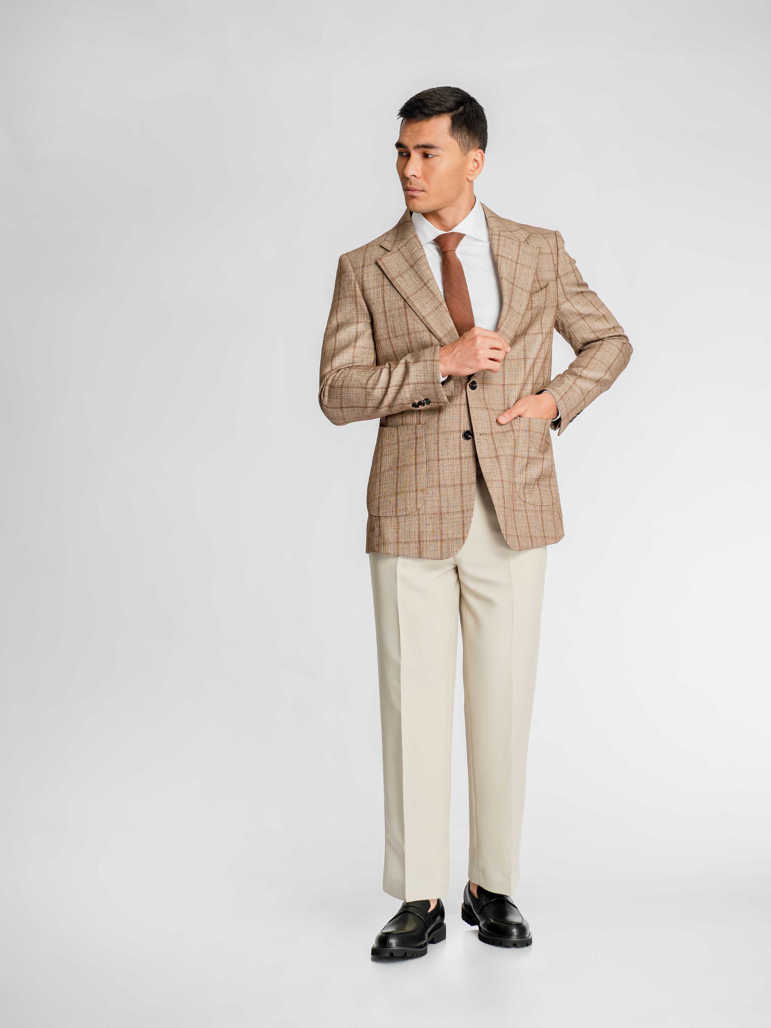 Single Breasted Suit Blazer – Sand Brown with Camel Line Checkered (Notch Lapel)