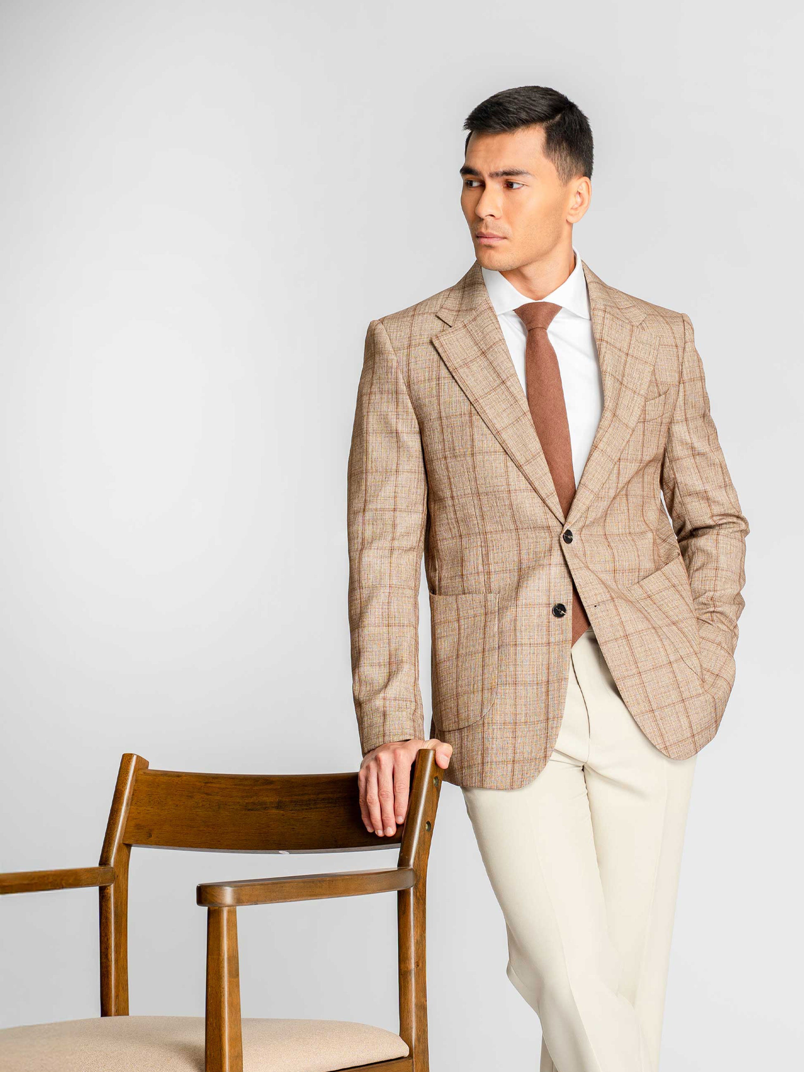 Single Breasted Suit Blazer – Sand Brown with Camel Line Checkered (Notch Lapel)