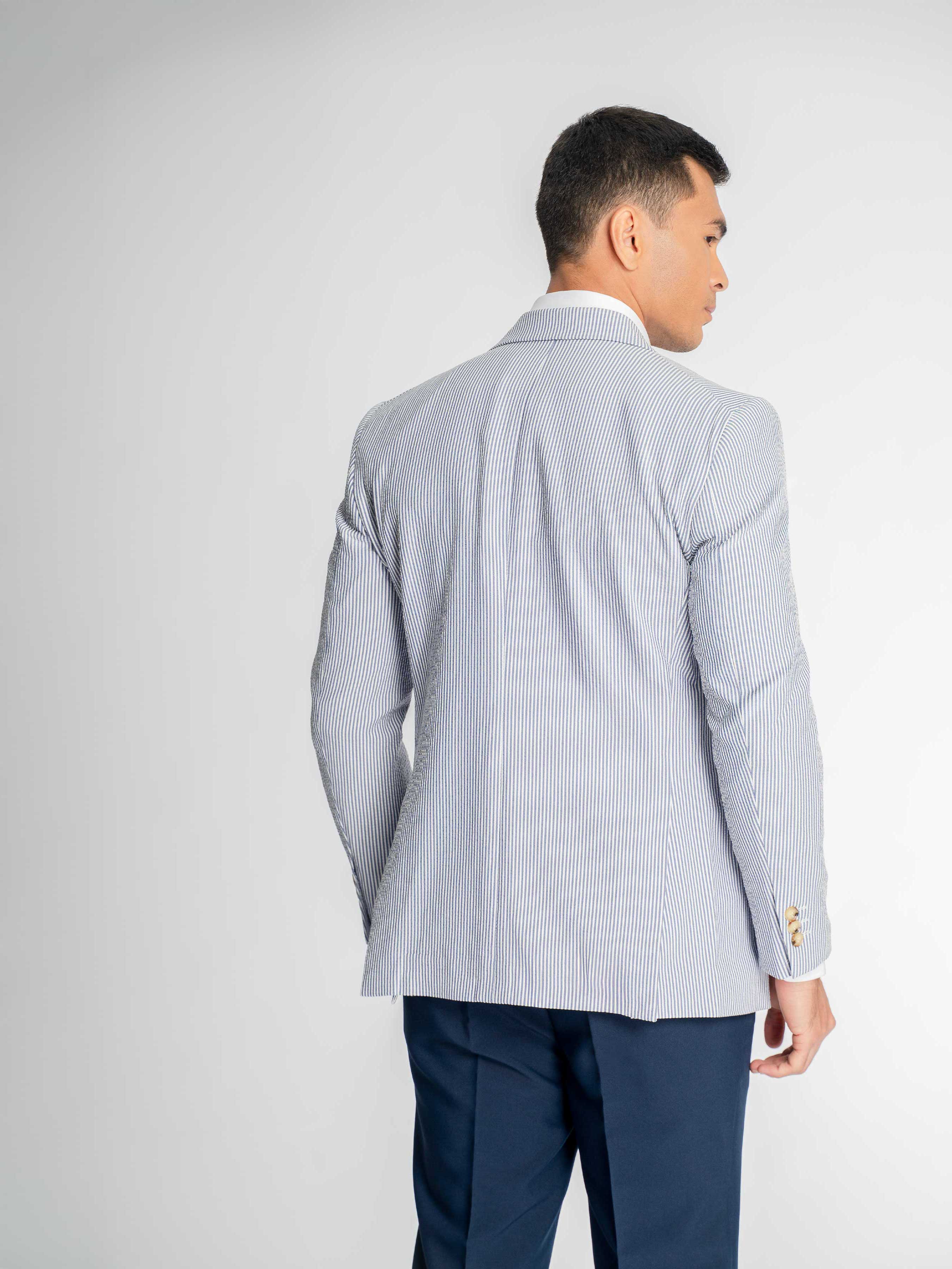 Single Breasted Suit Blazer – Seersucker White Blue Stripe (Peak Lapel)