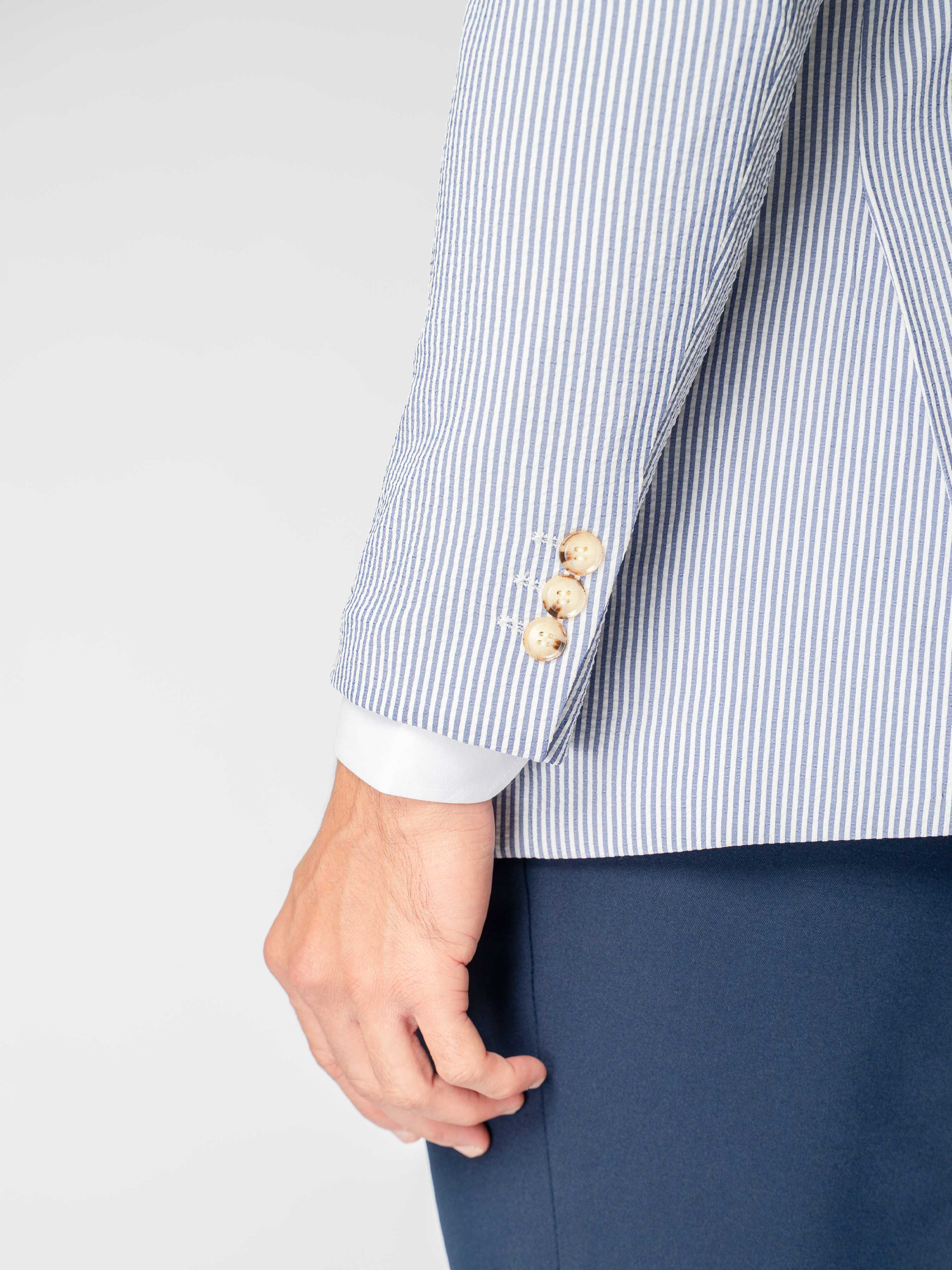 Single Breasted Suit Blazer – Seersucker White Blue Stripe (Peak Lapel)