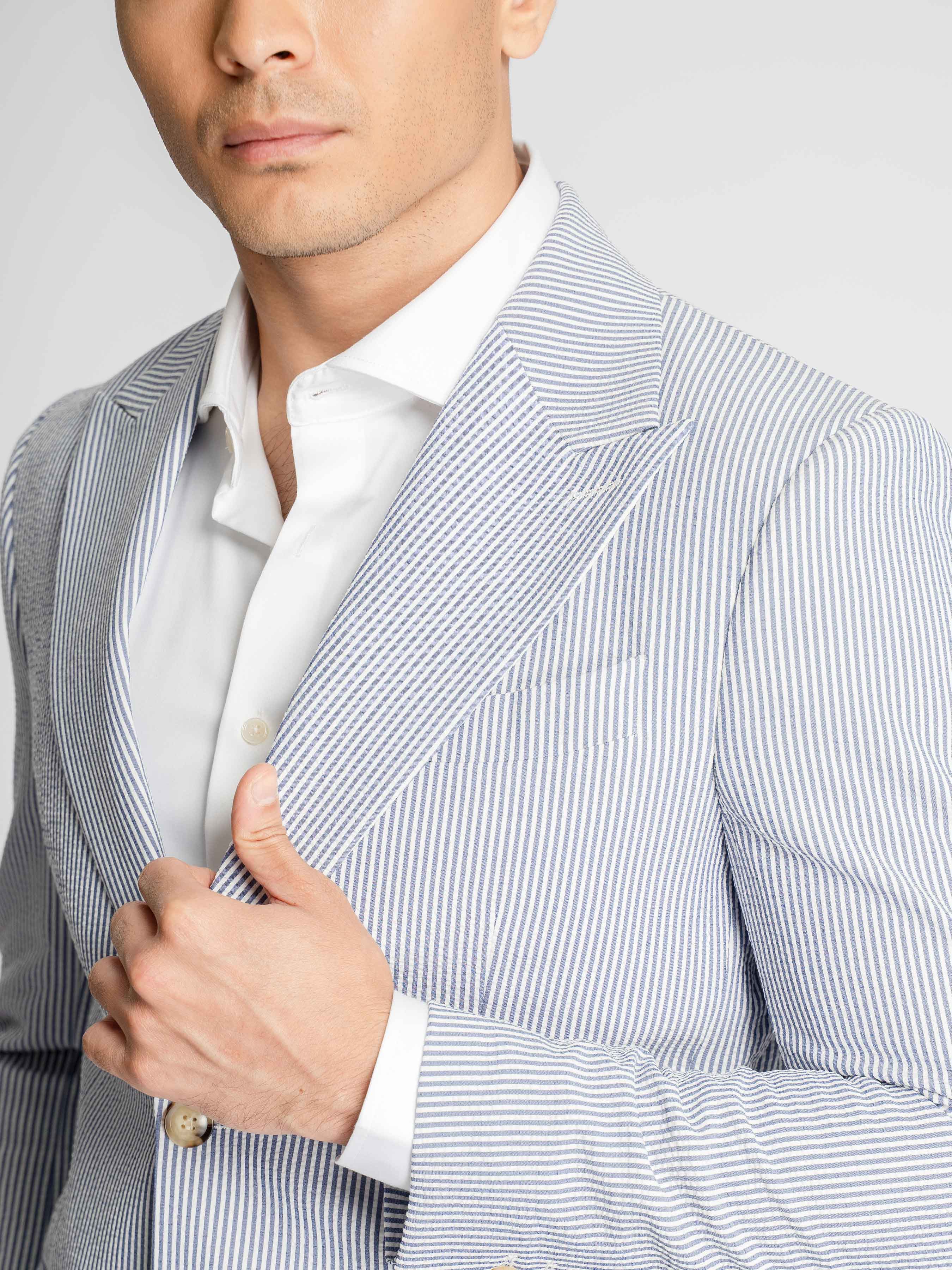 Single Breasted Suit Blazer – Seersucker White Blue Stripe (Peak Lapel)