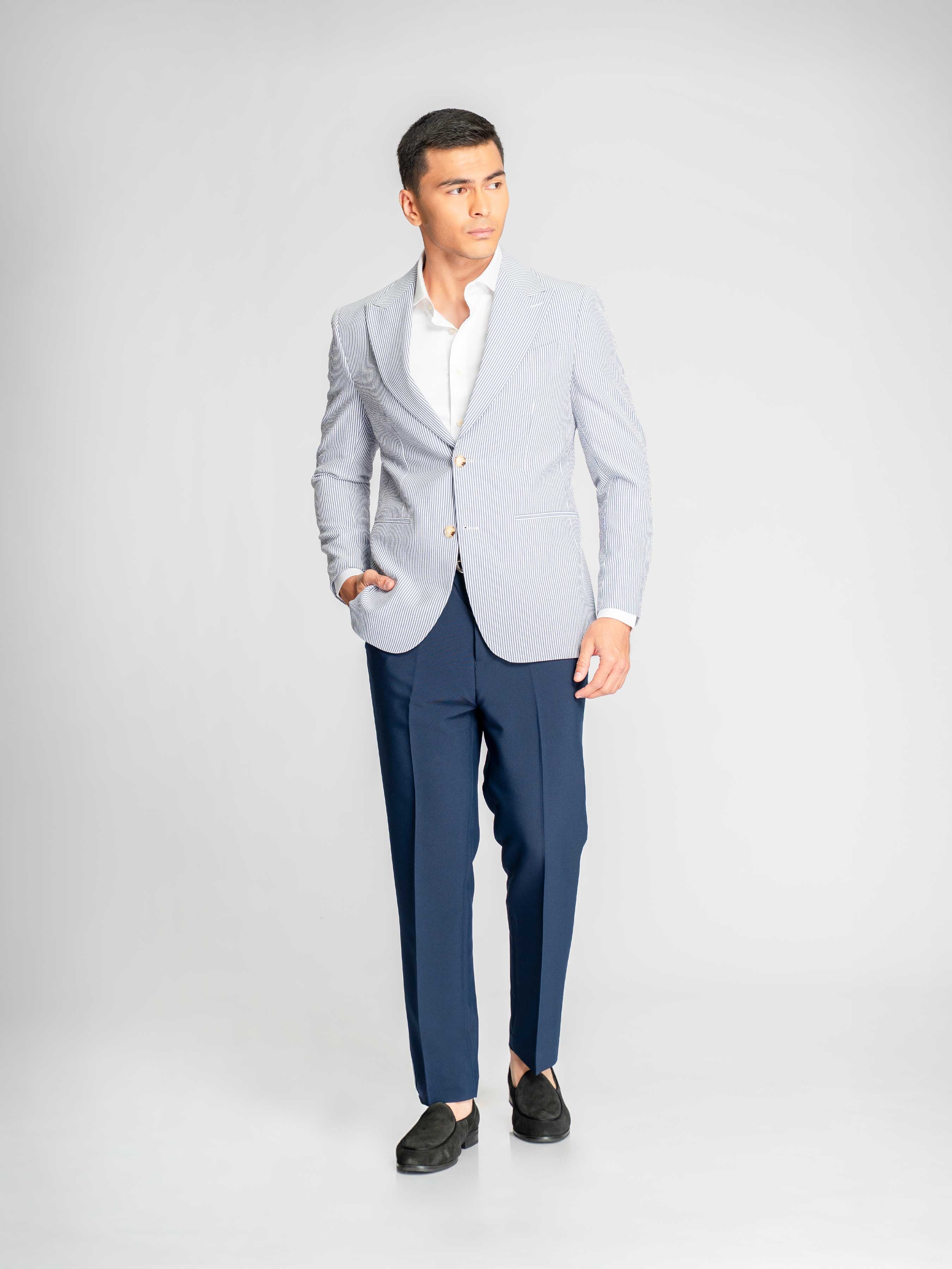 Single Breasted Suit Blazer – Seersucker White Blue Stripe (Peak Lapel)