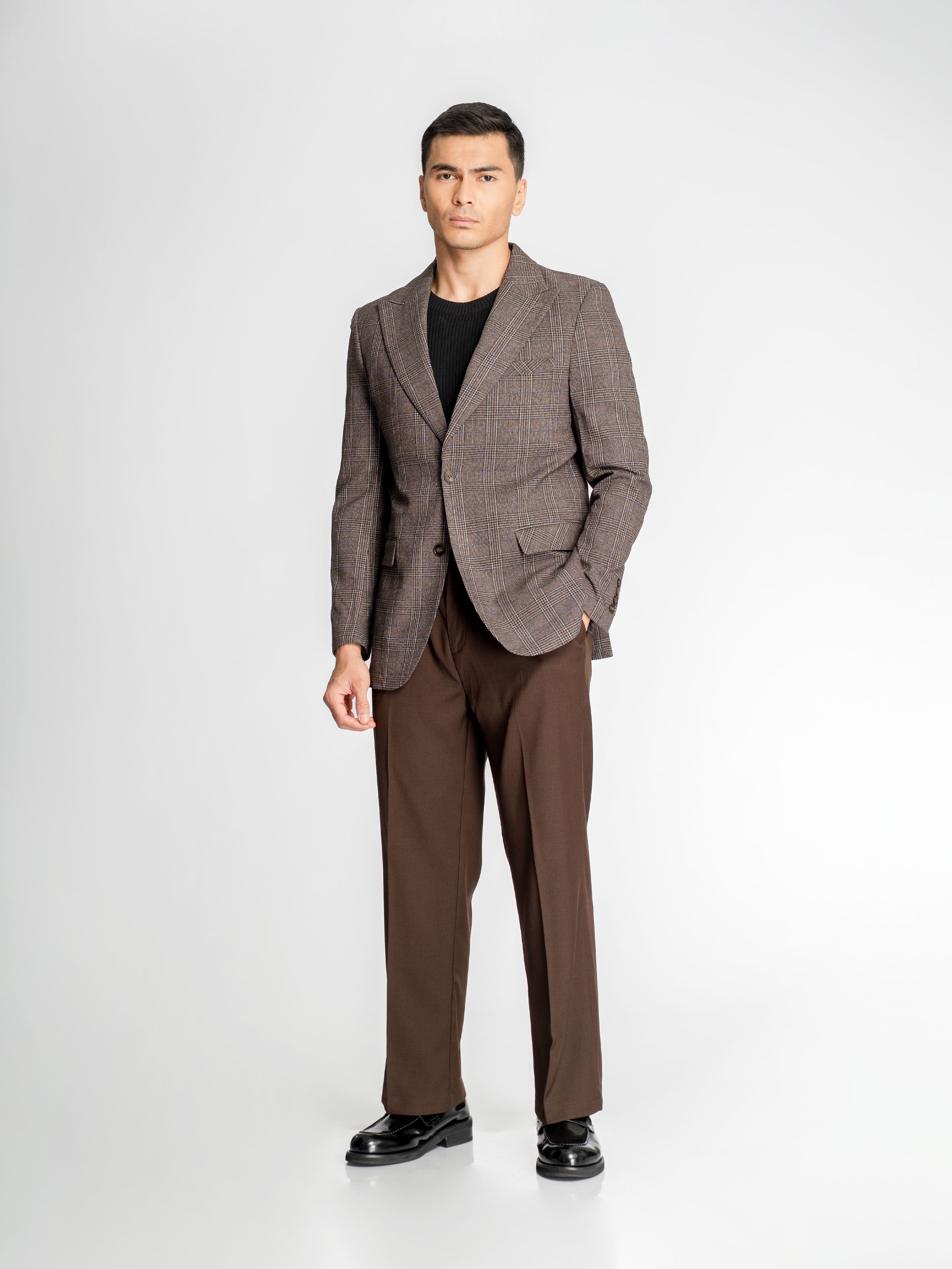 Single Breasted Suit Blazer – Cocoa Verona with White Line Checkered (Notch Lapel)