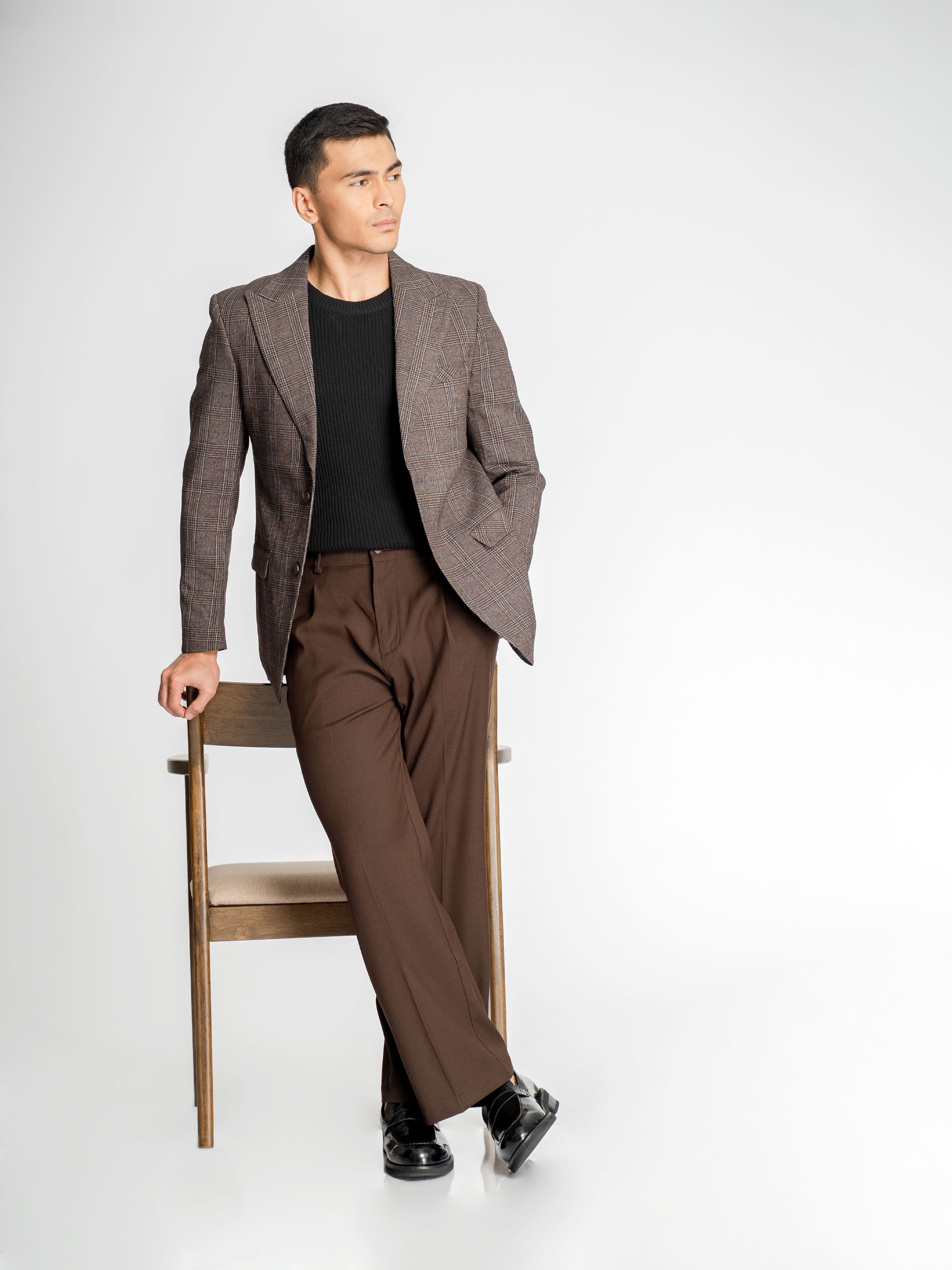 Single Breasted Suit Blazer – Cocoa Verona with White Line Checkered (Notch Lapel)