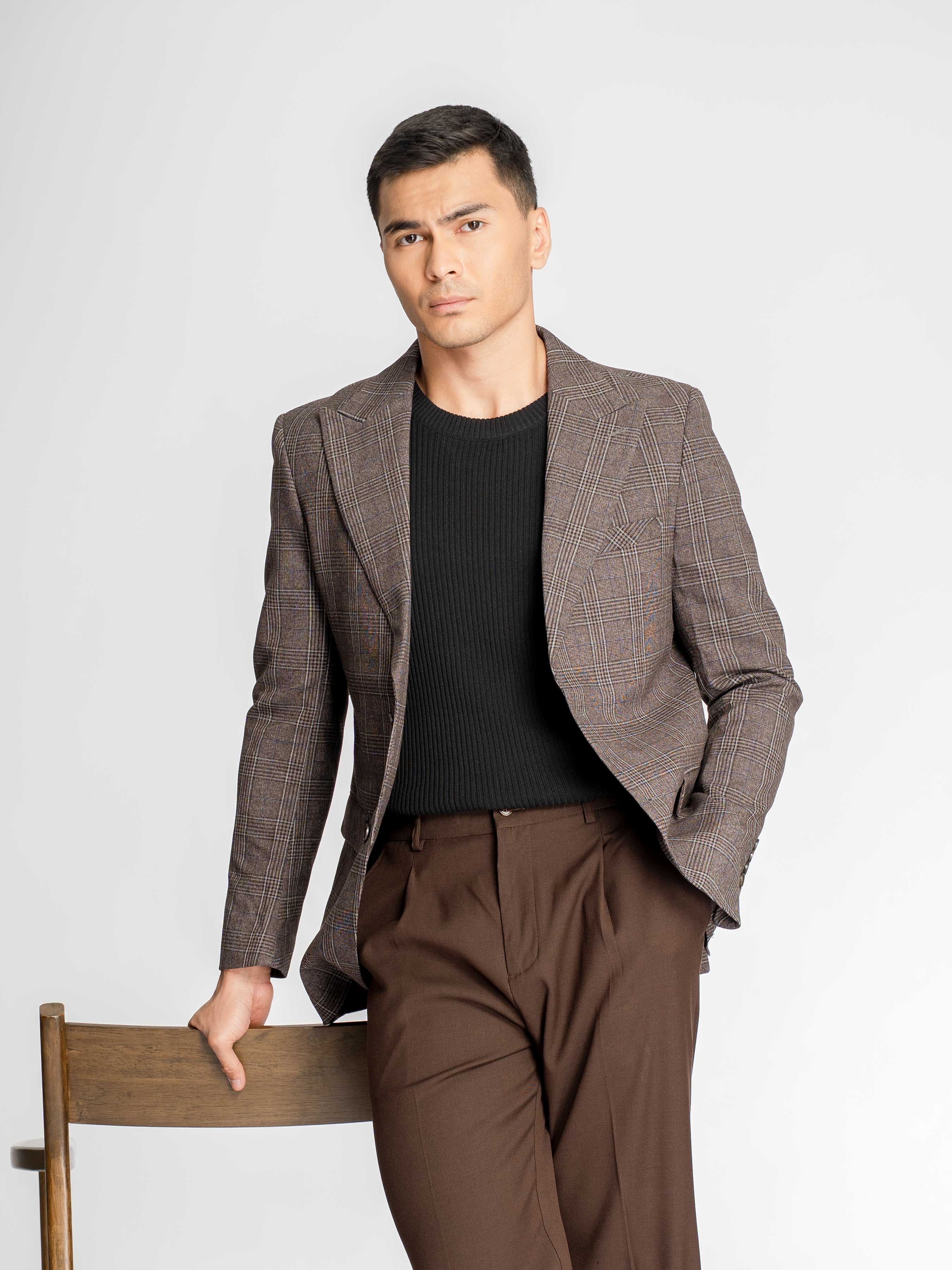 Single Breasted Suit Blazer – Cocoa Verona with White Line Checkered (Notch Lapel)