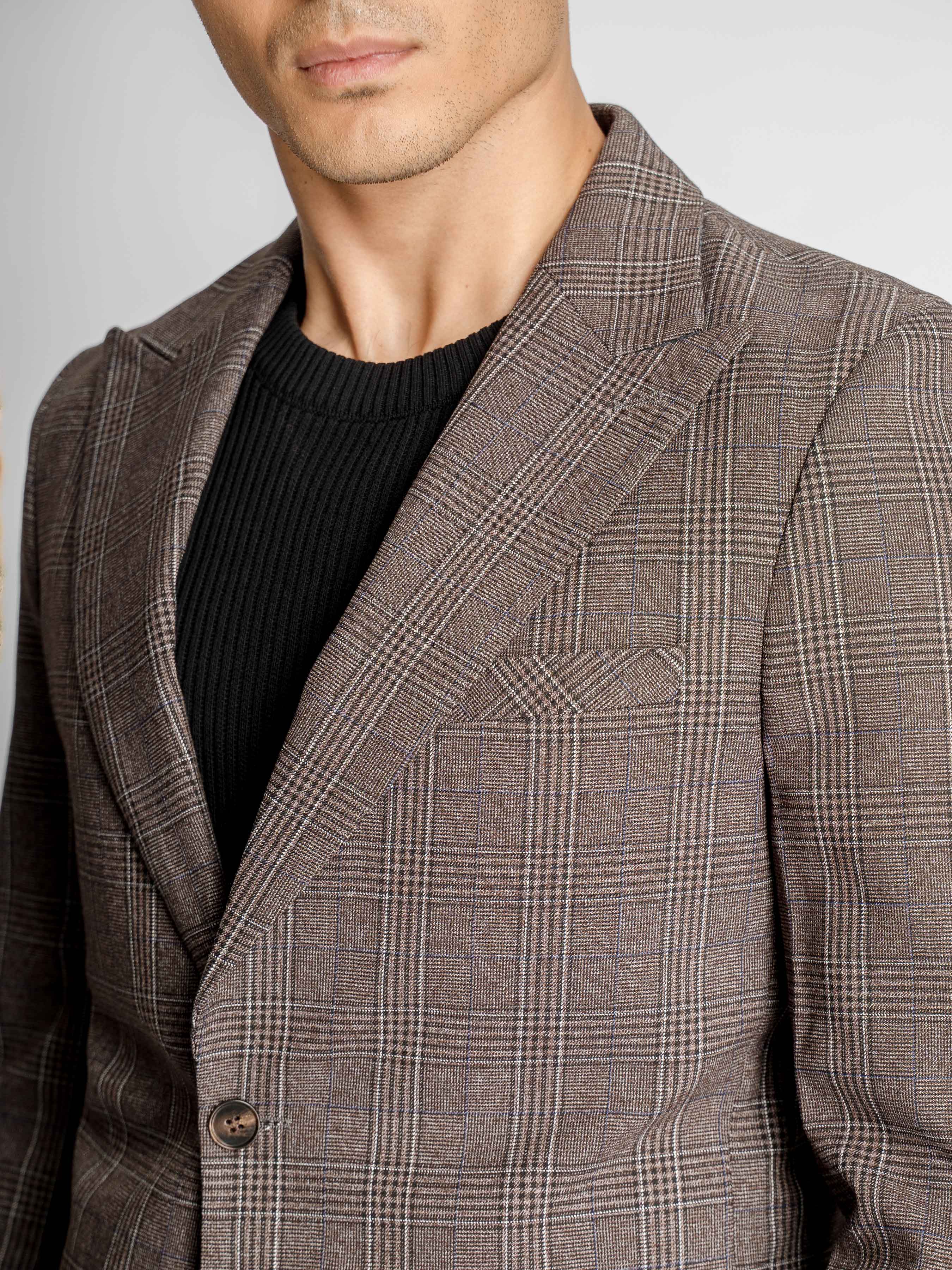 Single Breasted Suit Blazer – Cocoa Verona with White Line Checkered (Notch Lapel)