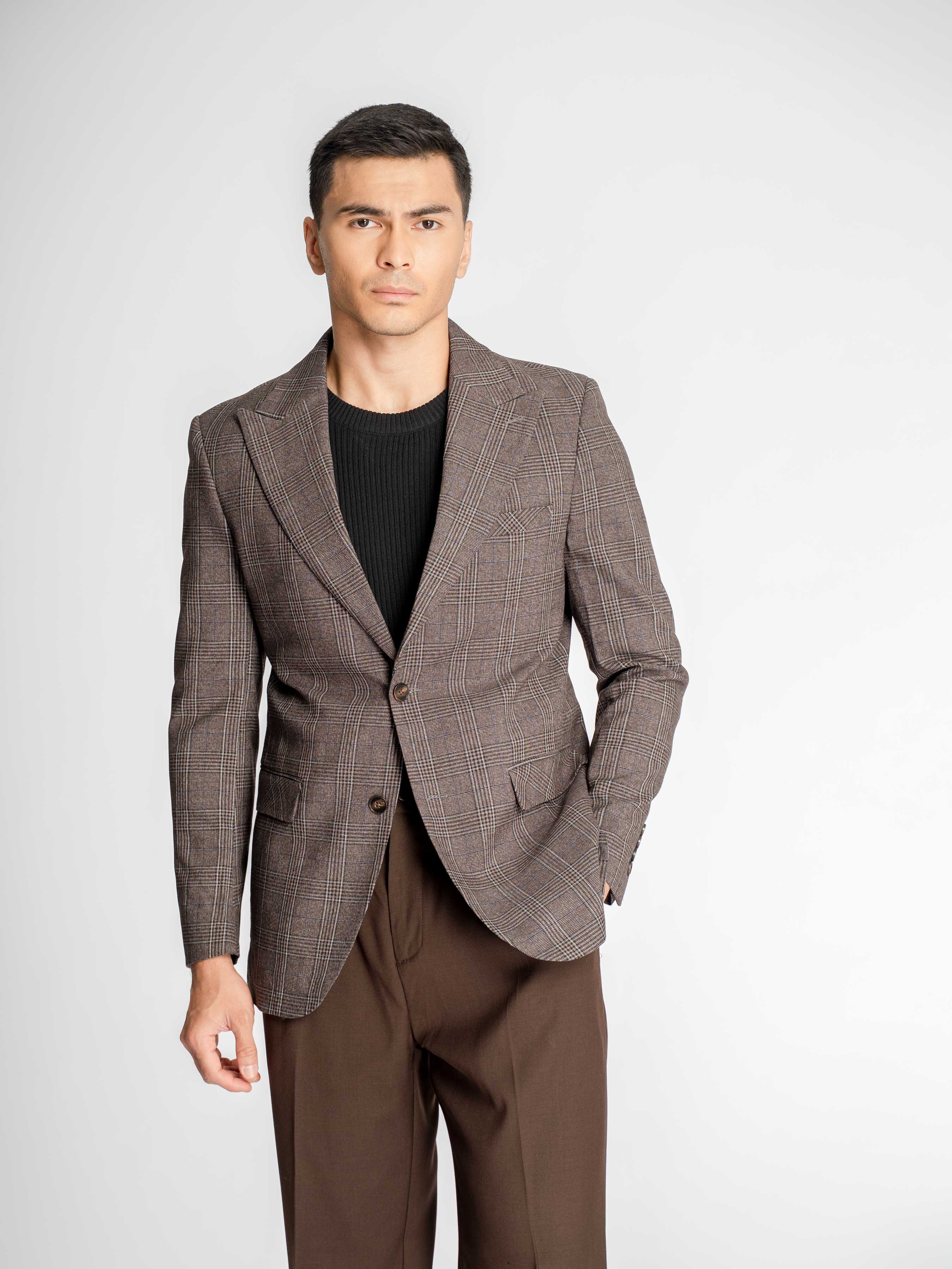 Single Breasted Suit Blazer – Cocoa Verona with White Line Checkered (Notch Lapel)
