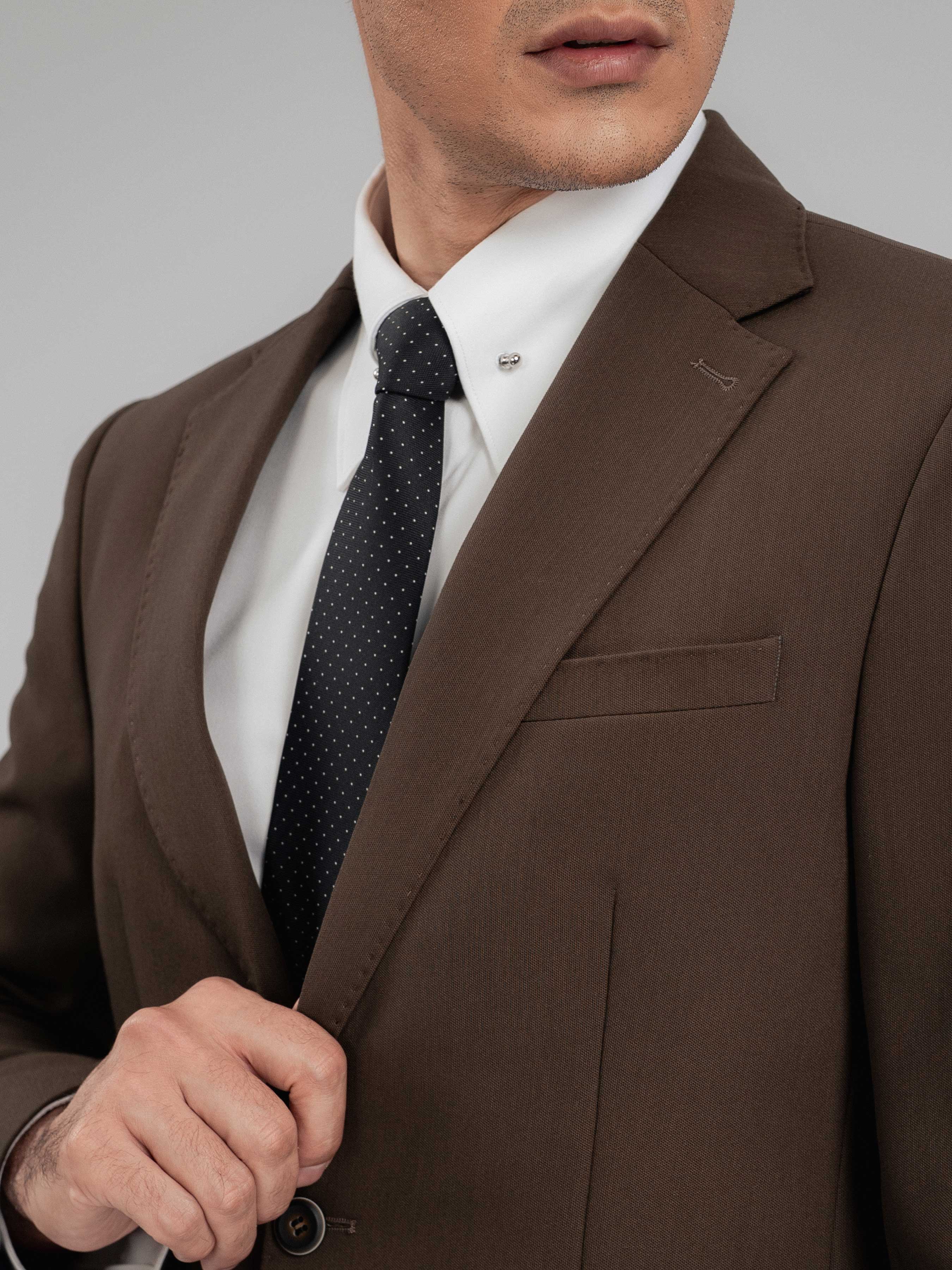 SingleBreastedSuitBlazerCoffeePlainNotchLapelCollar - Zeve