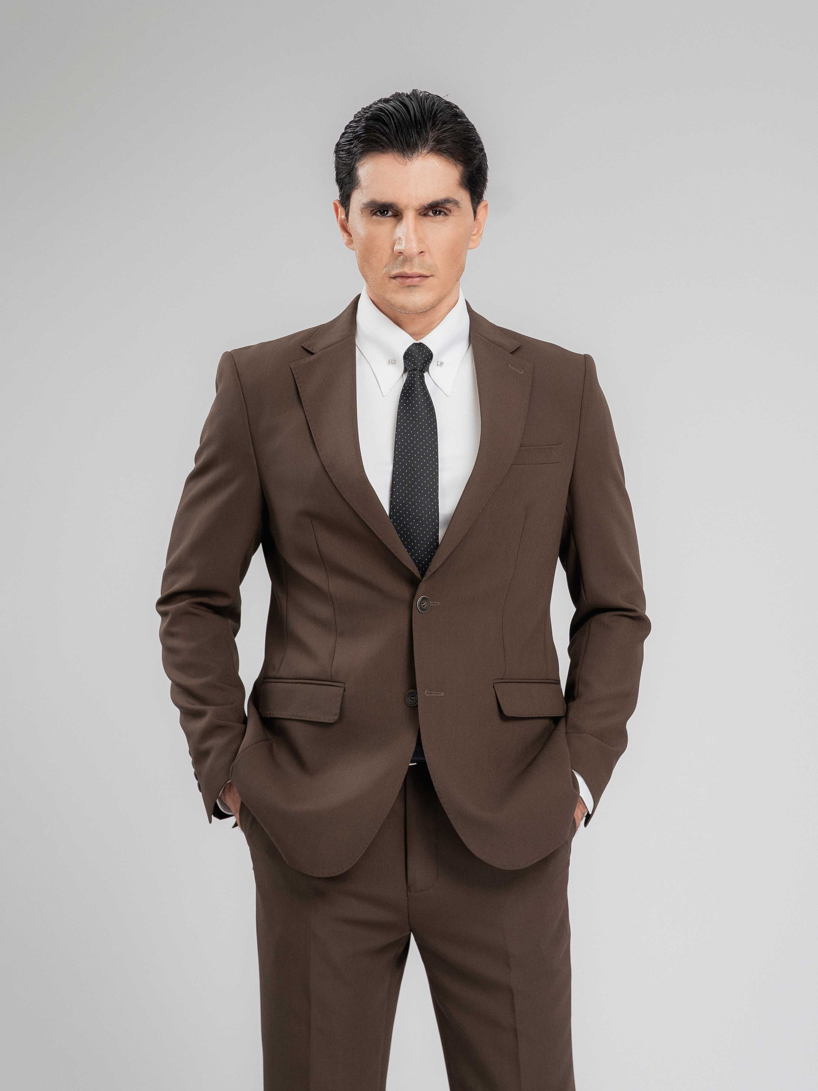 SingleBreastedSuitBlazerCoffeePlainNotchLapelMain - Zeve