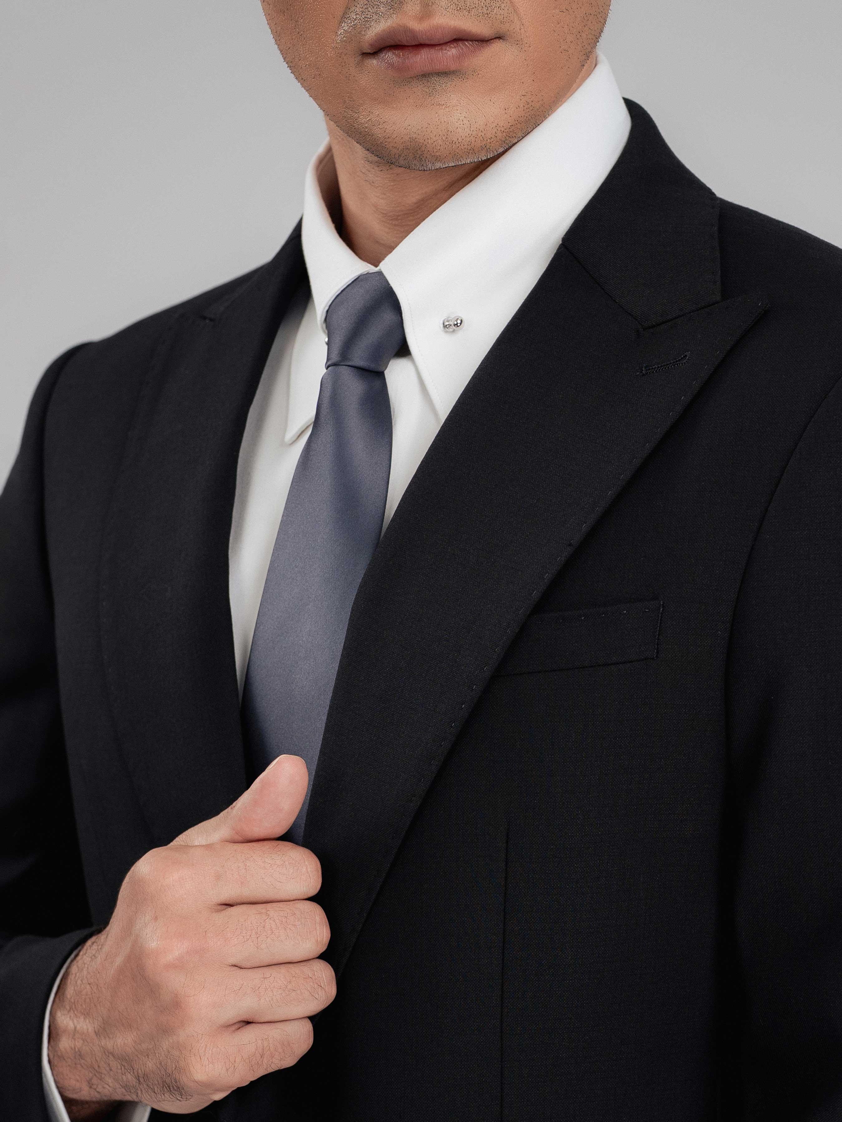 SingleBreastedSuitBlazerJetBlackPlainPeakLapelInsideCollar - Zeve