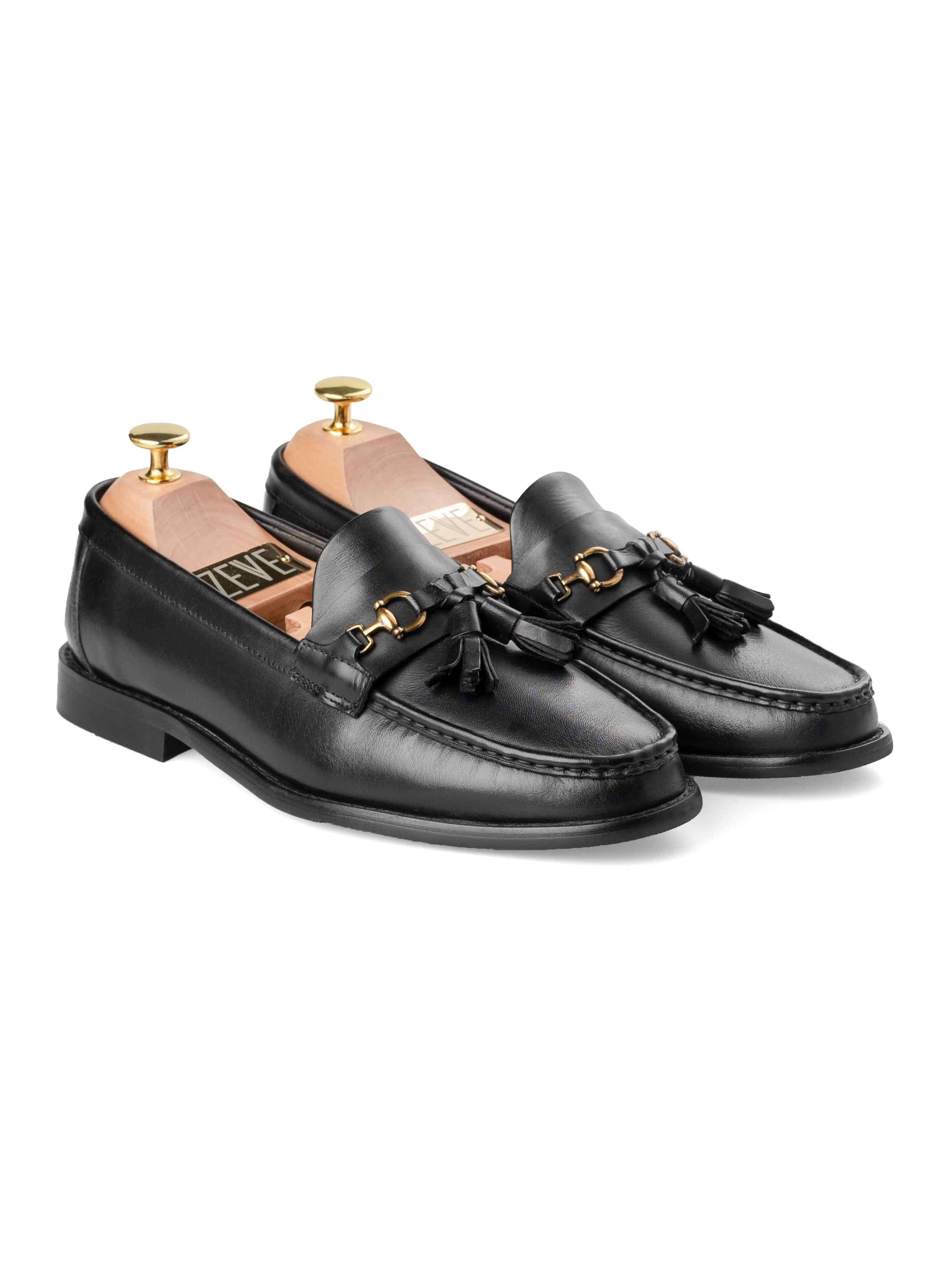 Tassel Moccasin Buckle Loafer - Solid Black Leather