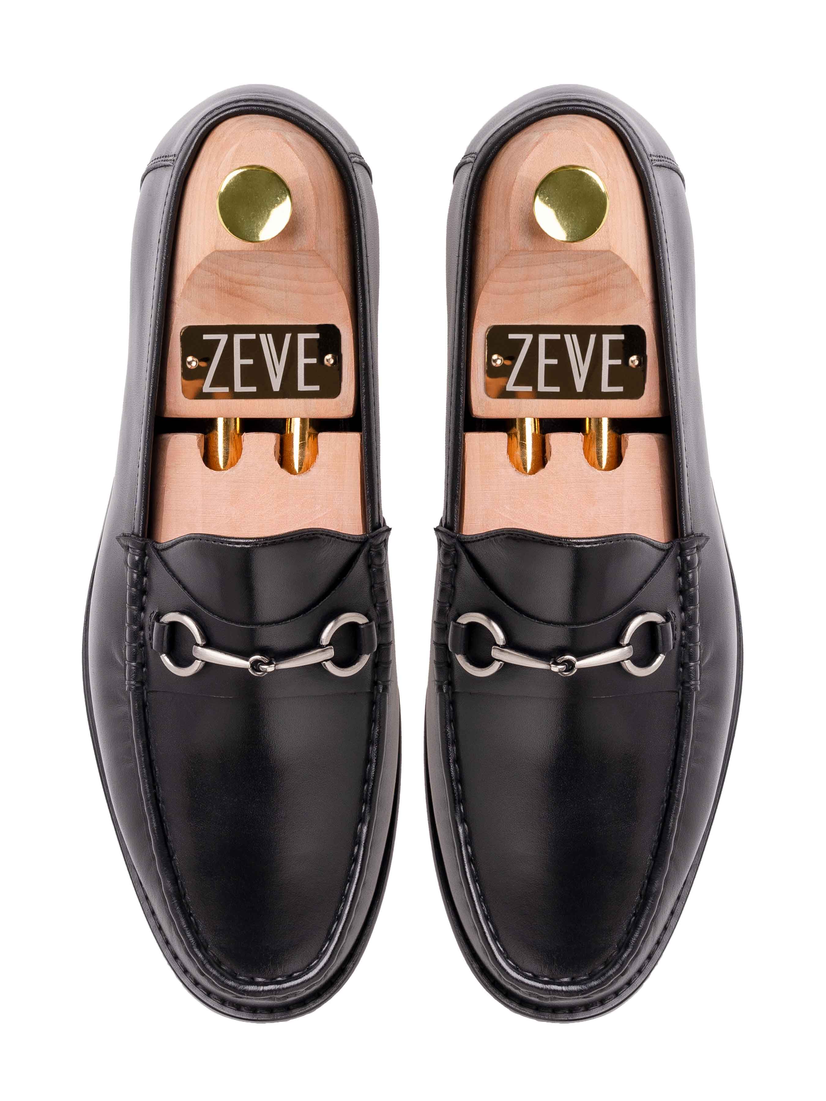Mario Horsebit Moccasin Loafer - Black Leather (Silver Buckle)