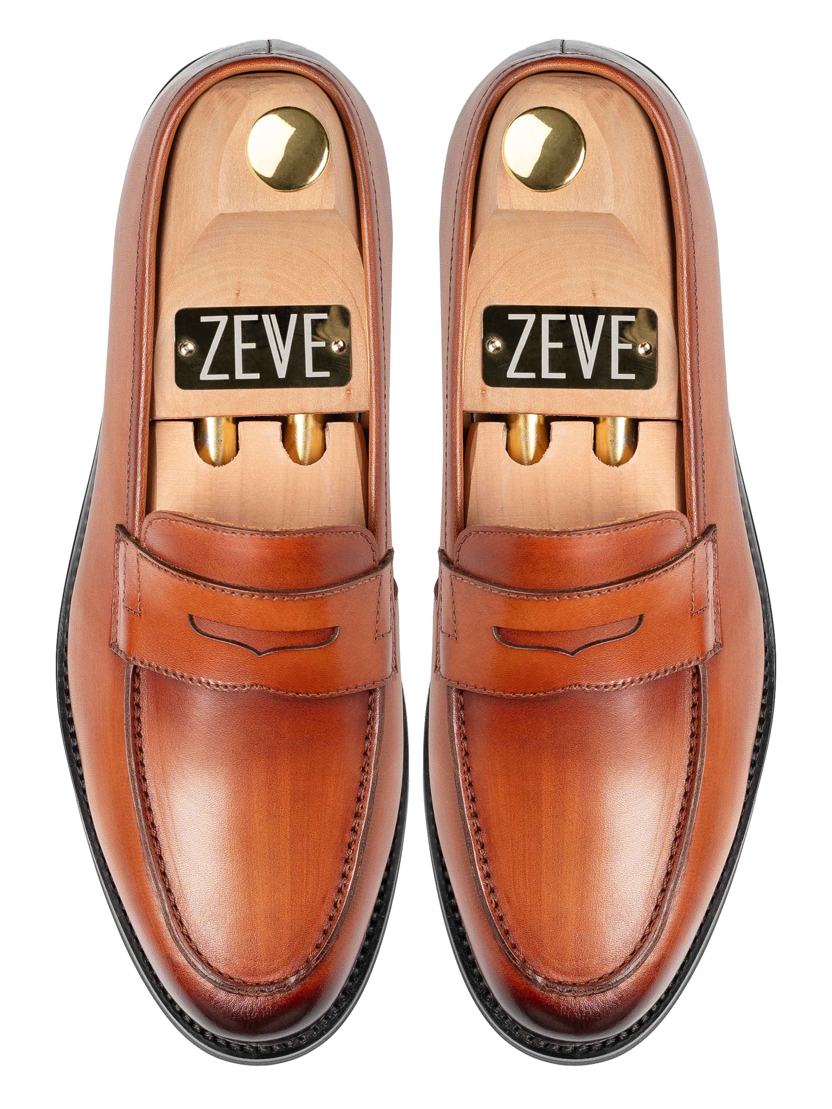 TopPennyLoaferCognacTan_HandPaintedPatina - Zeve