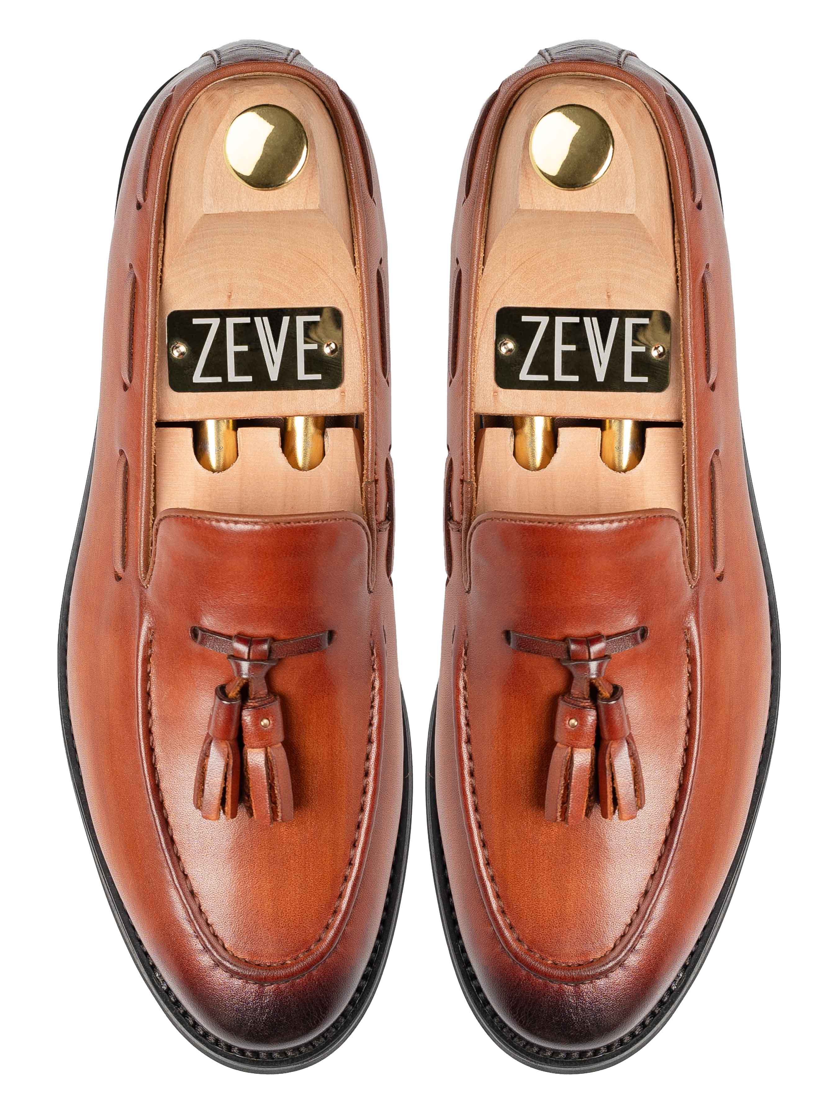 TopTasselLoaferCognacTan_HandPaintedPatina - Zeve