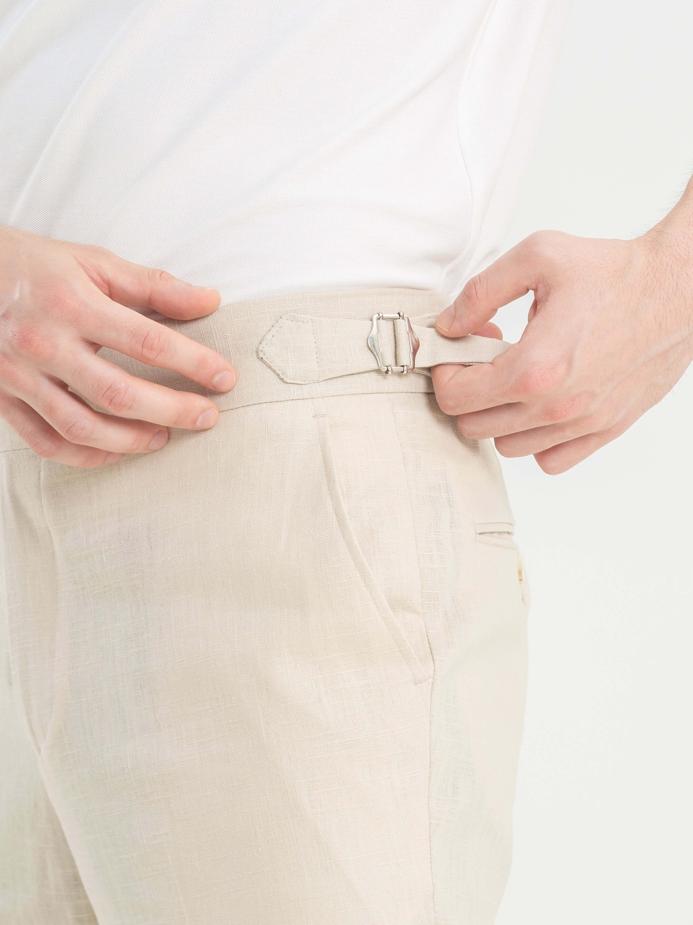Trousers With Side Adjusters - Linen Cream Plain (Slim Straight)