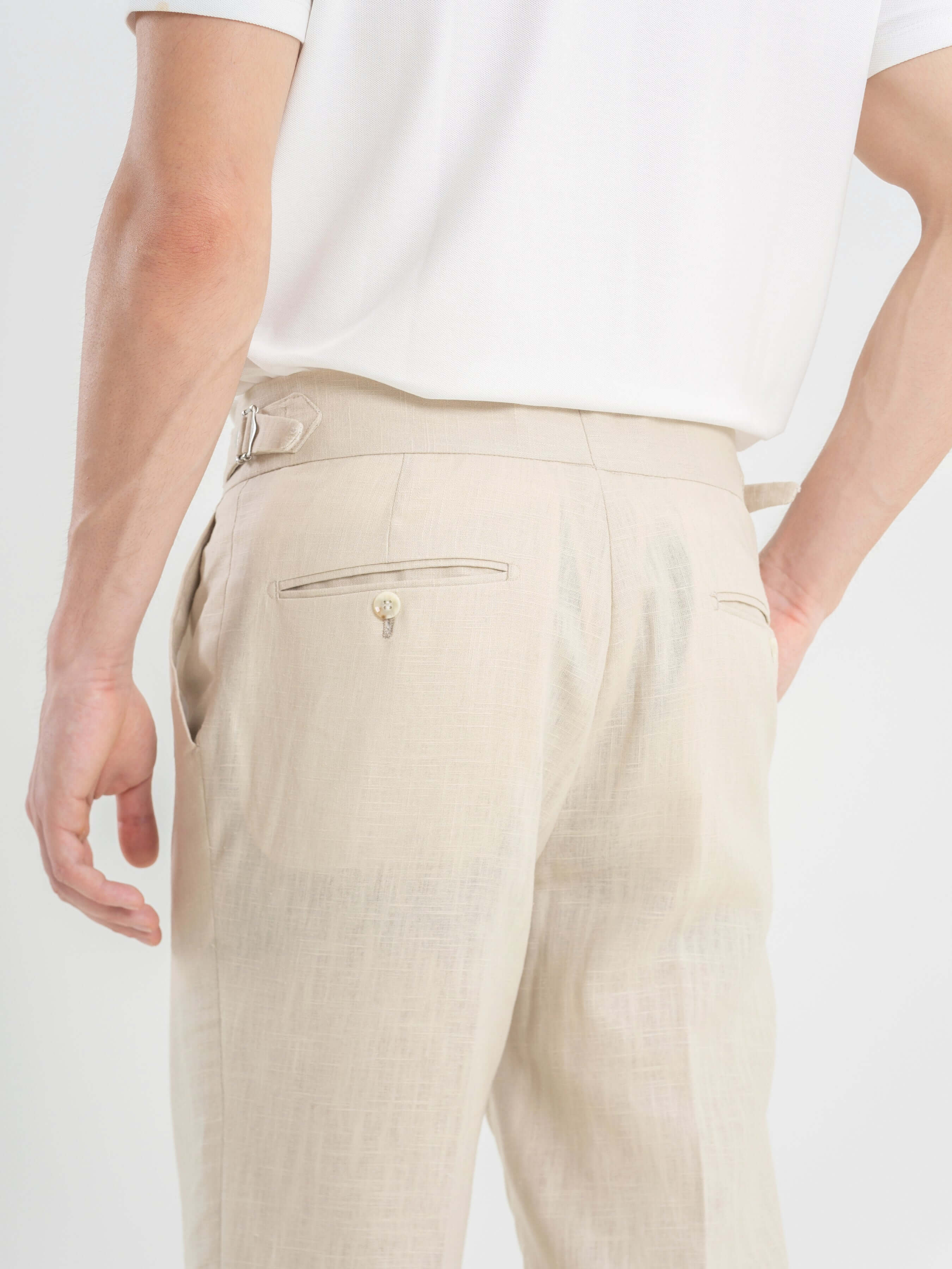 Trousers With Side Adjusters - Linen Cream Plain (Slim Straight)