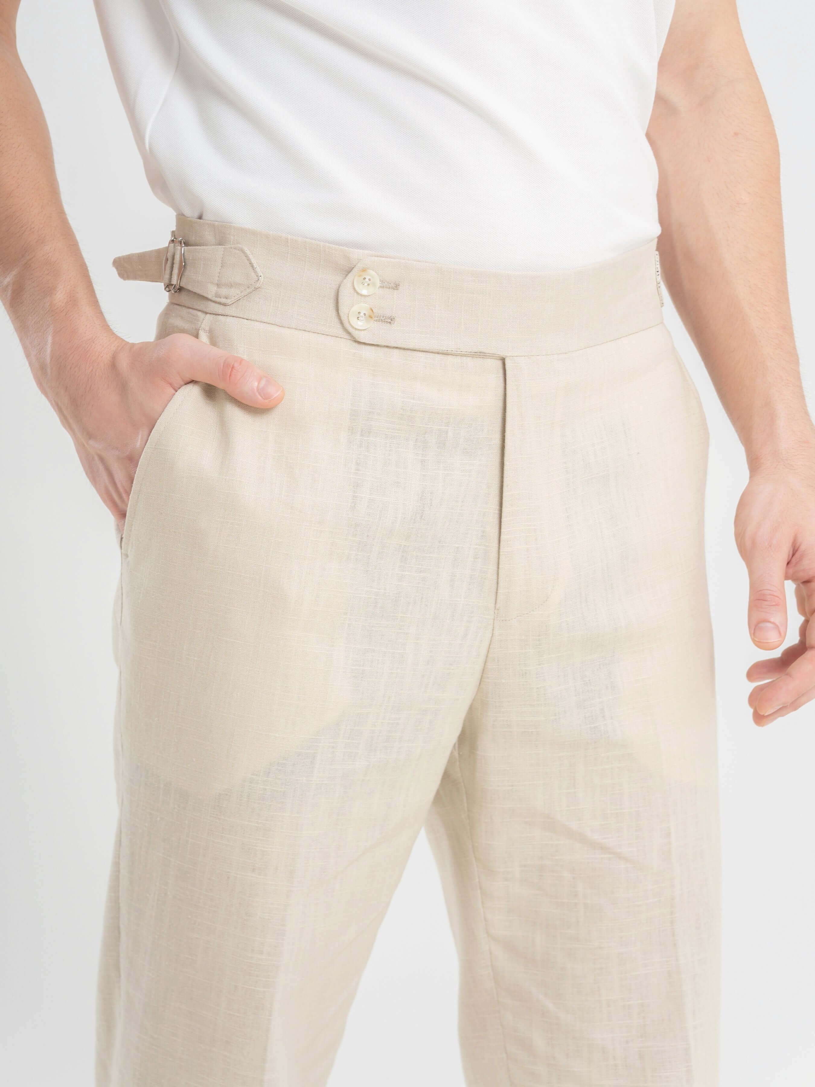 Trousers With Side Adjusters - Linen Cream Plain (Slim Straight)
