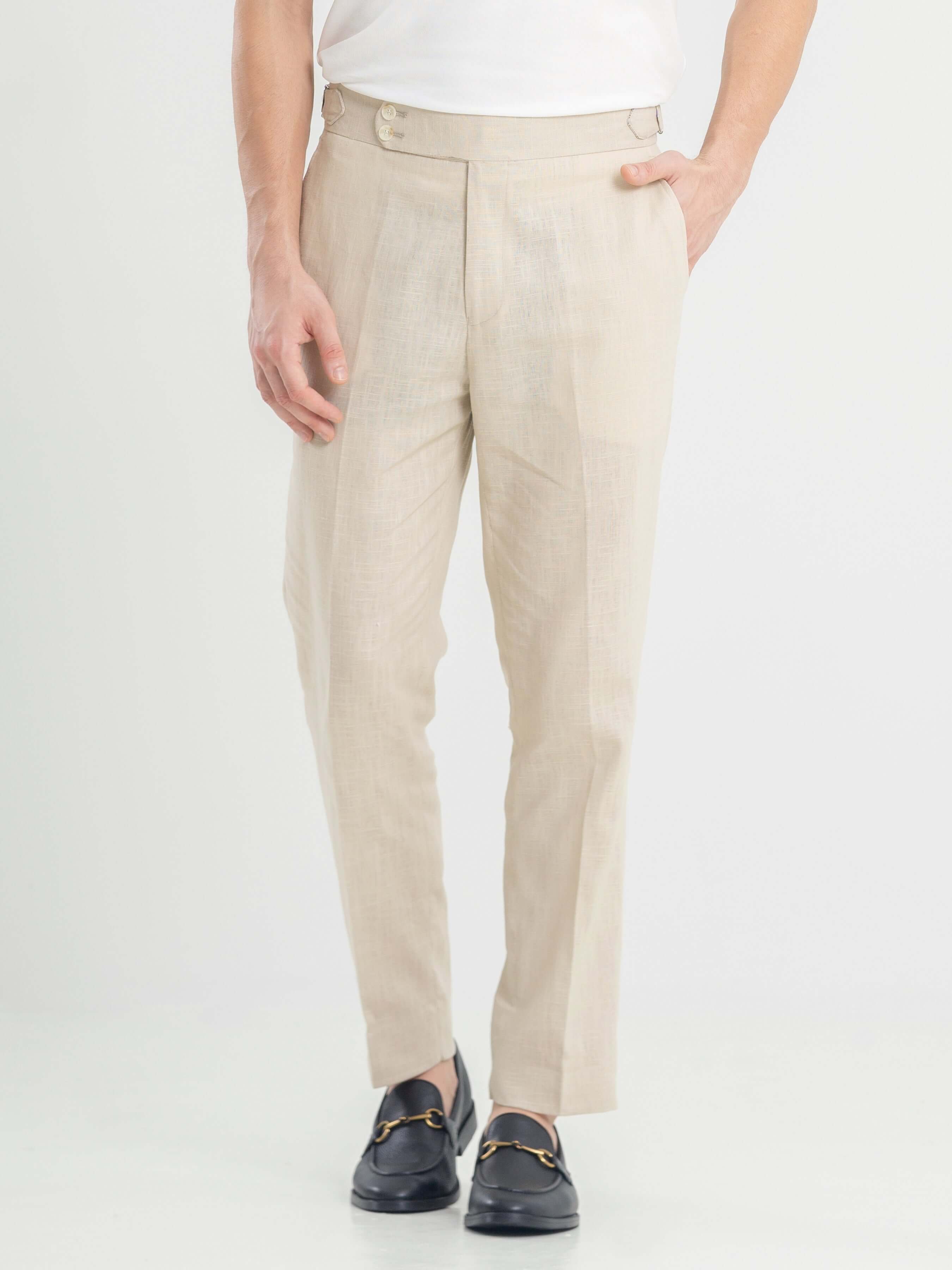 Trousers With Side Adjusters - Linen Cream Plain (Slim Straight)