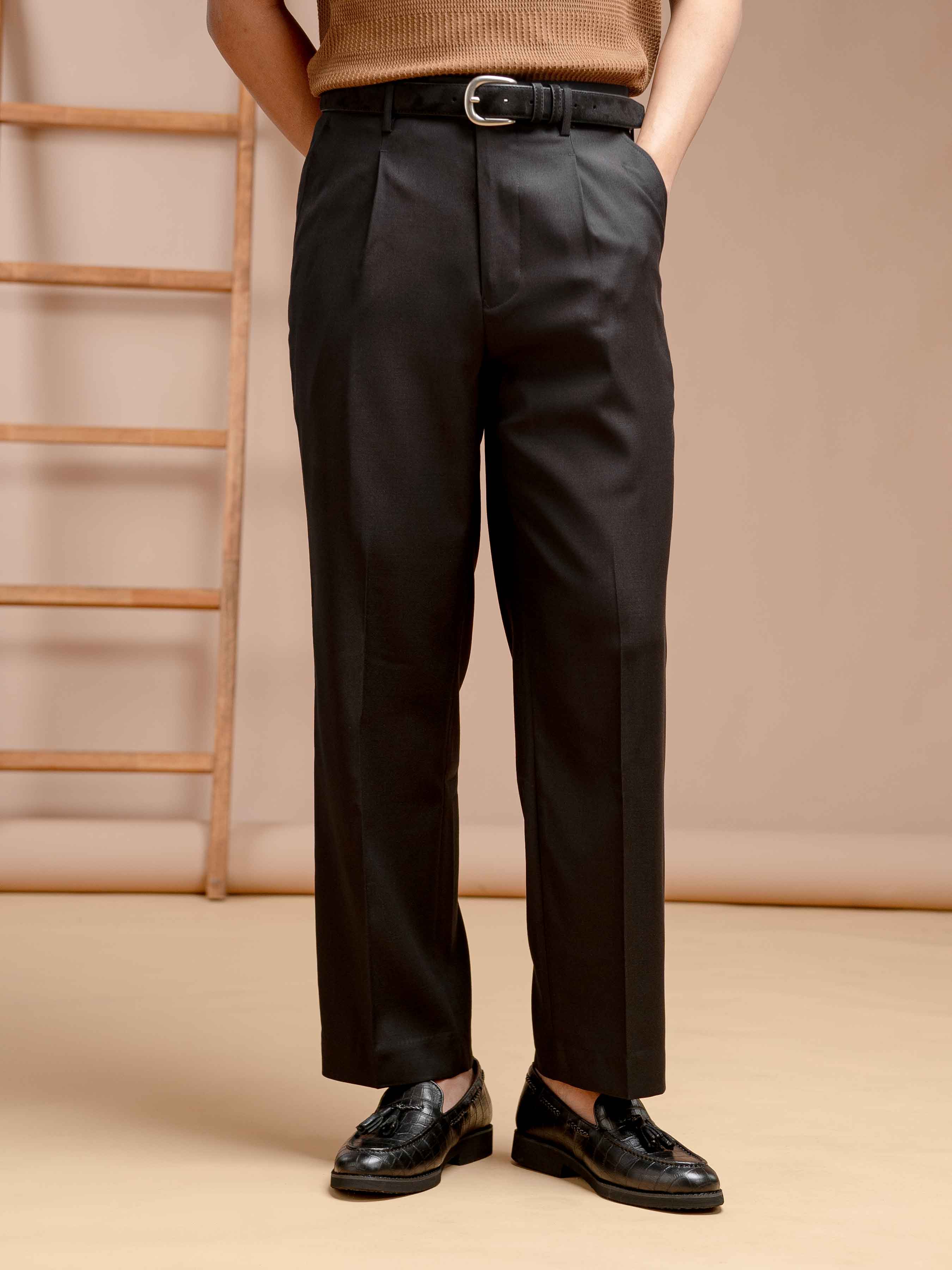 Vicolo Trousers With Belt Loop - Jet Black Plain (Wide Fit)