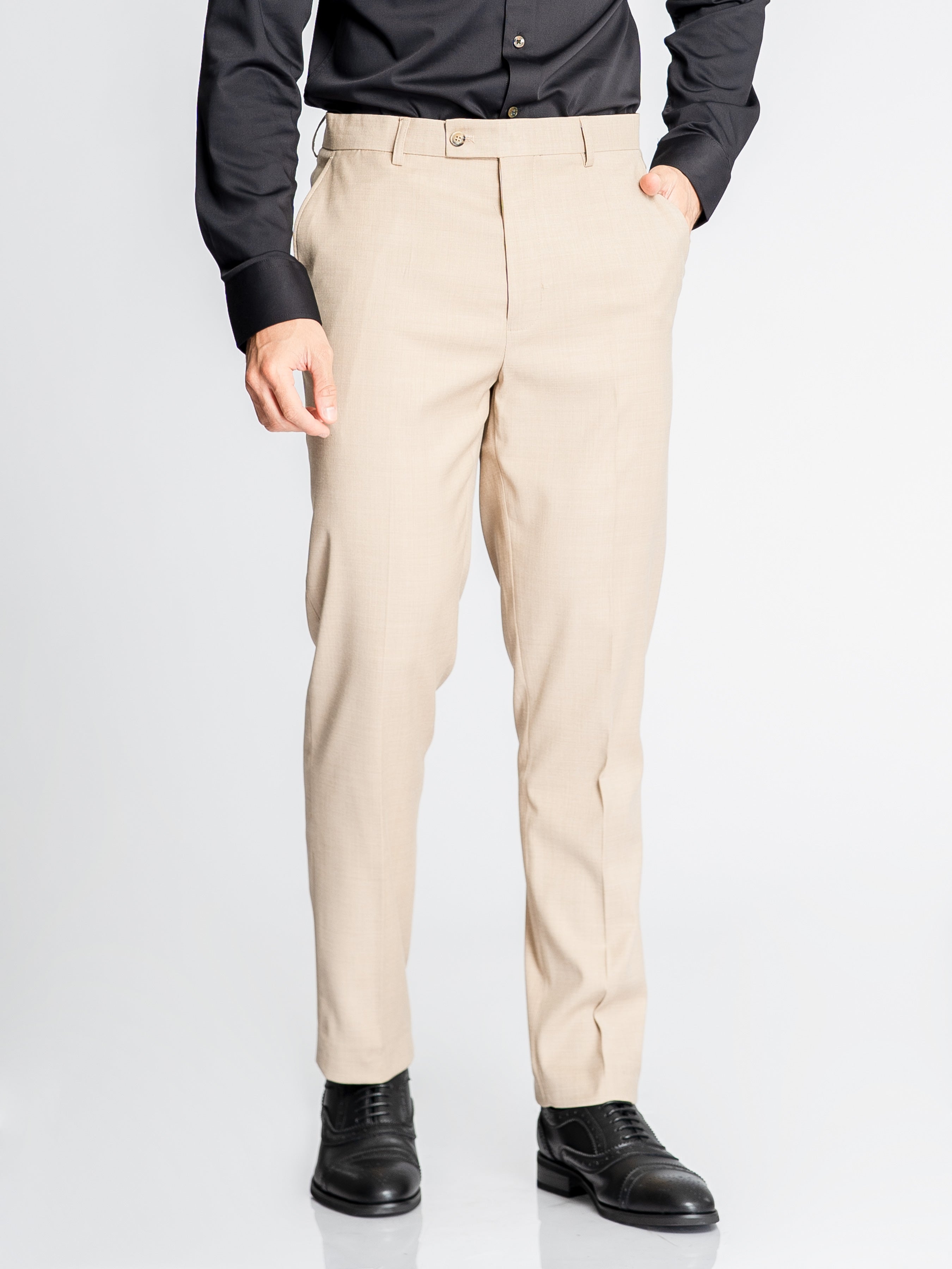 Trousers With Belt Loop - Cream Beige Plain (Slim Straight)