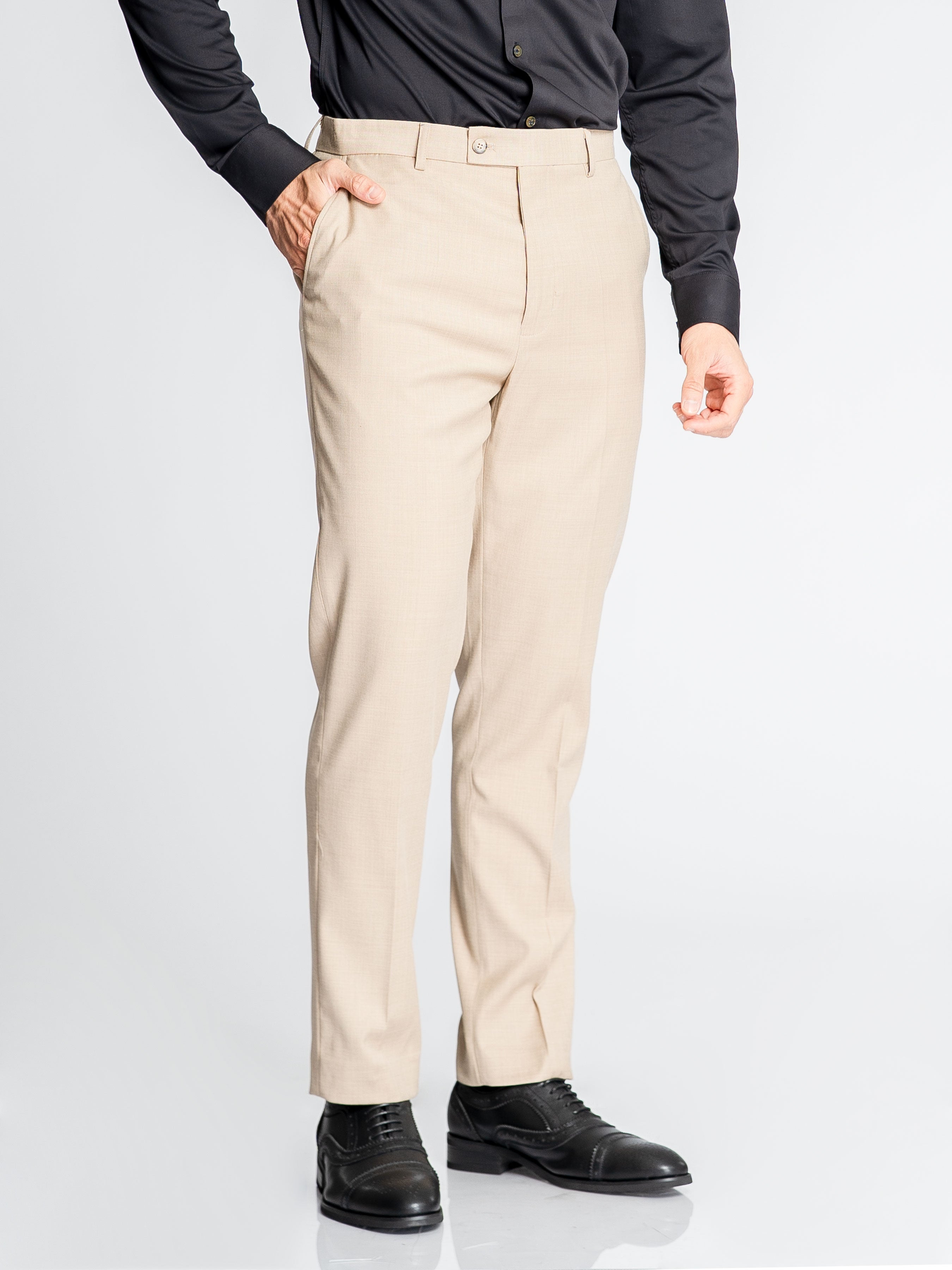 Trousers With Belt Loop - Cream Beige Plain (Slim Straight)