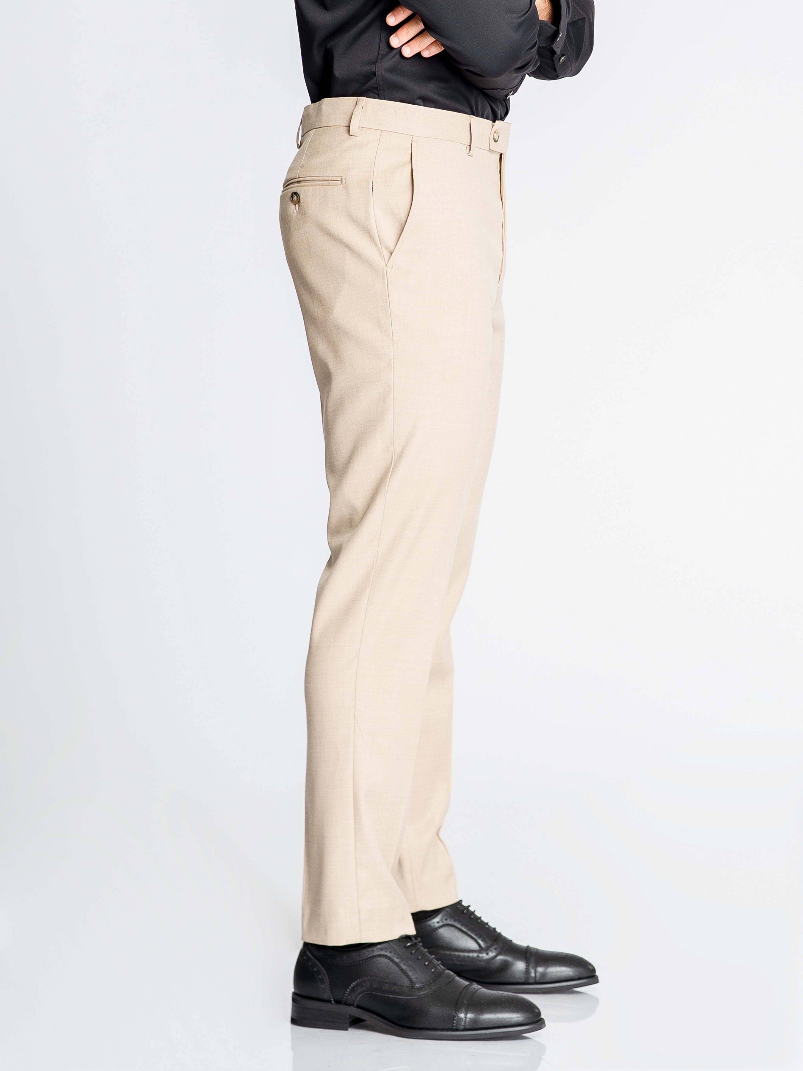 Trousers With Belt Loop - Cream Beige Plain (Slim Straight)