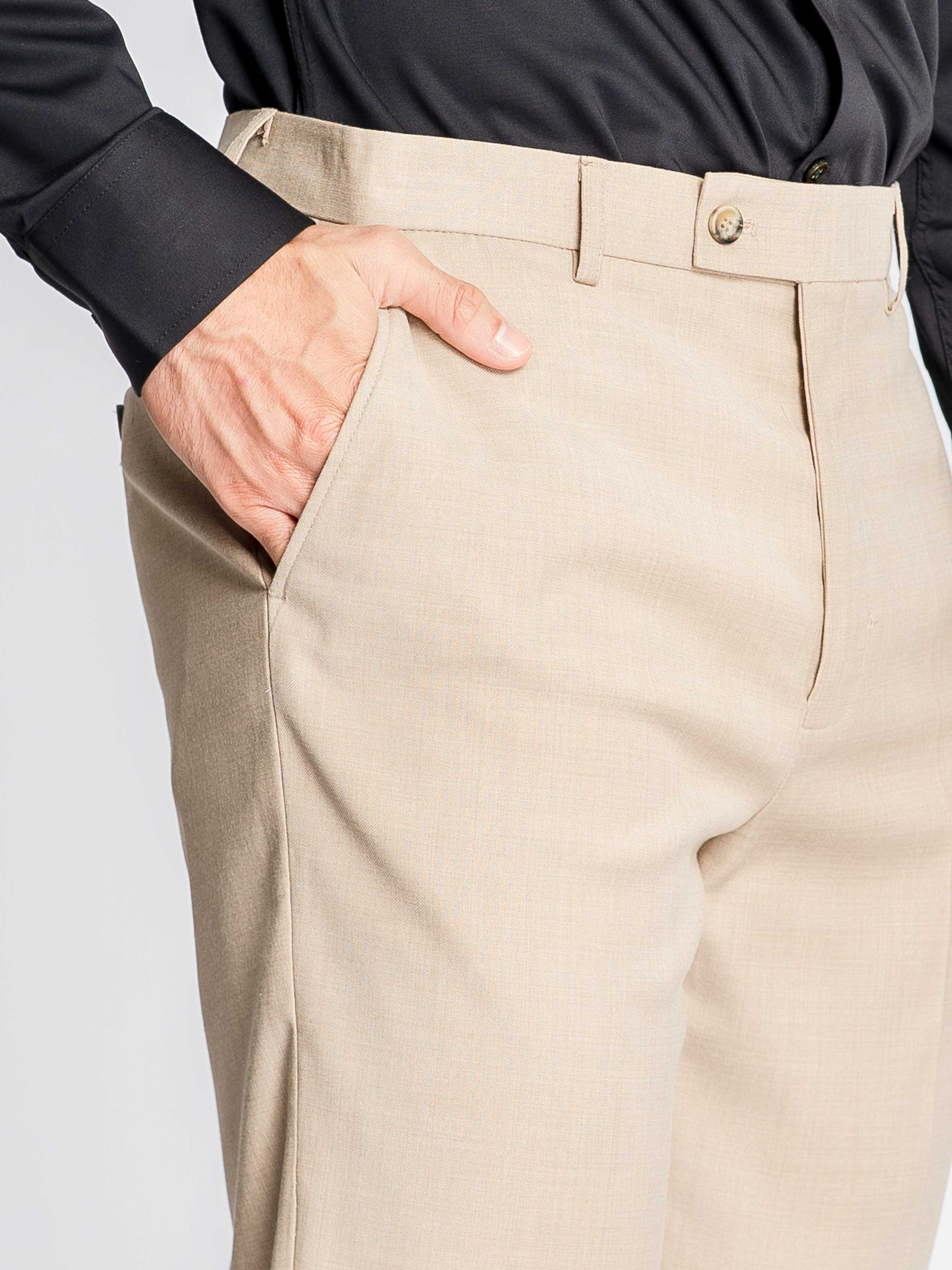 Trousers With Belt Loop - Cream Beige Plain (Slim Straight)