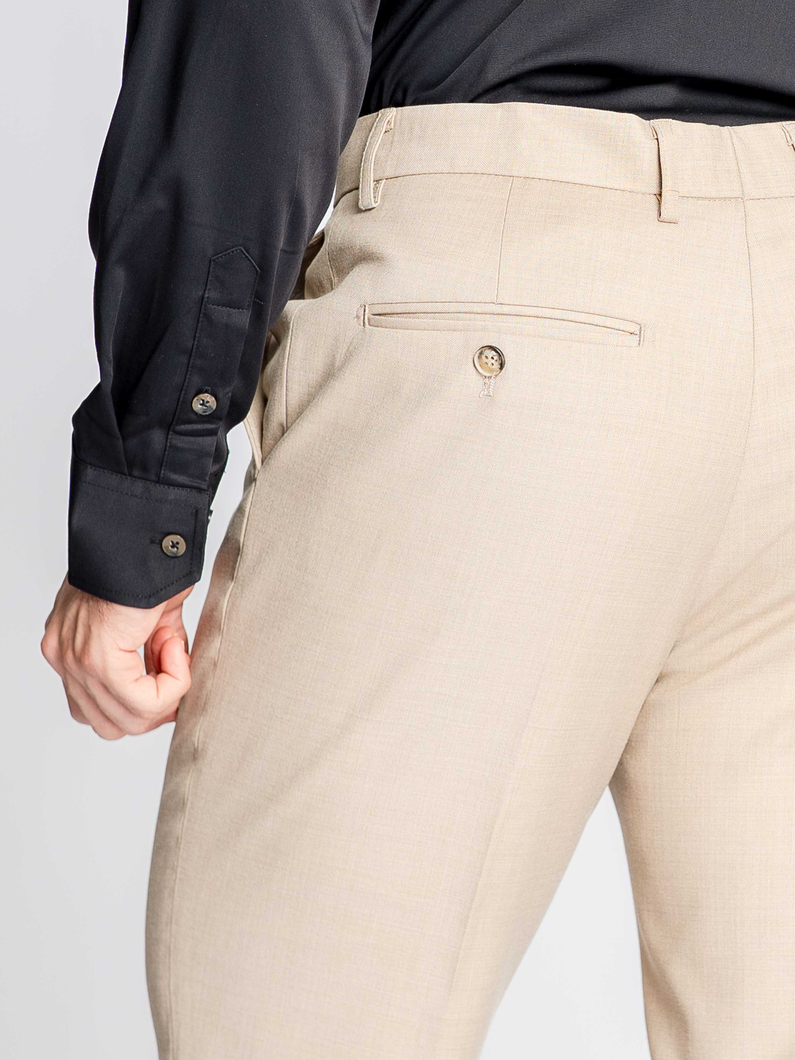 Trousers With Belt Loop - Cream Beige Plain (Slim Straight)