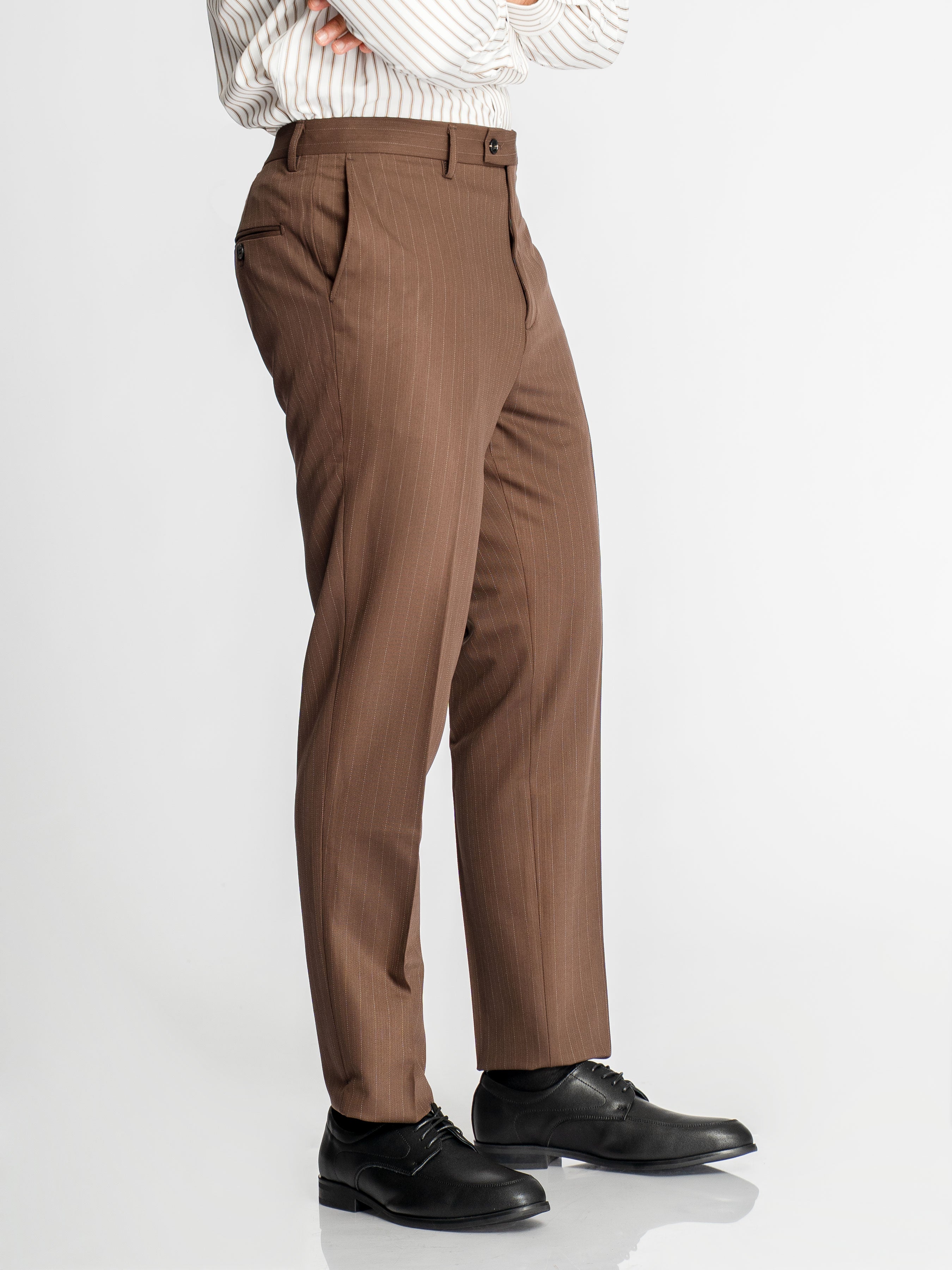 Trousers With Belt Loop - Dark Brown Pinstripe (Slim Straight)