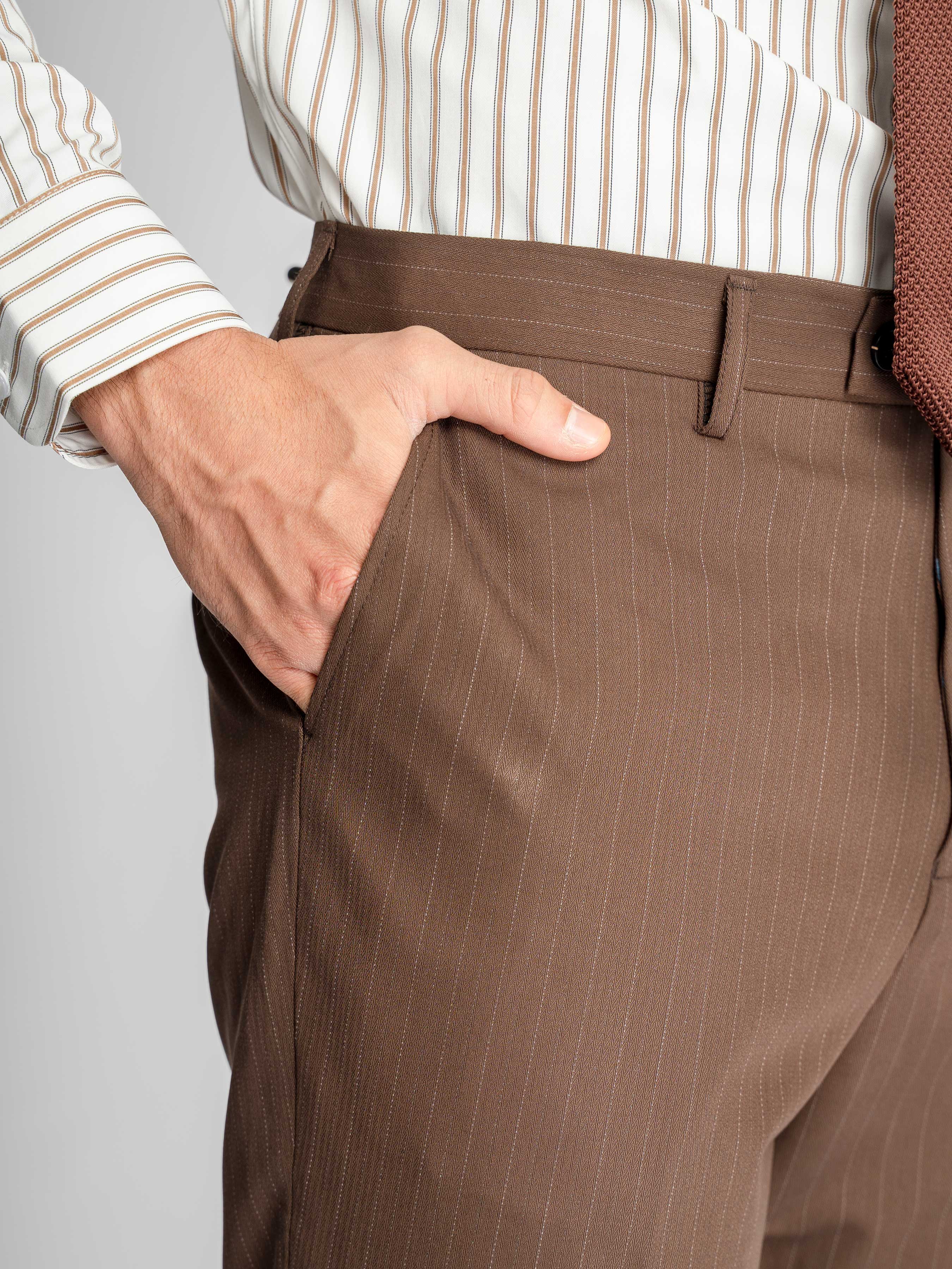 Trousers With Belt Loop - Dark Brown Pinstripe (Slim Straight)
