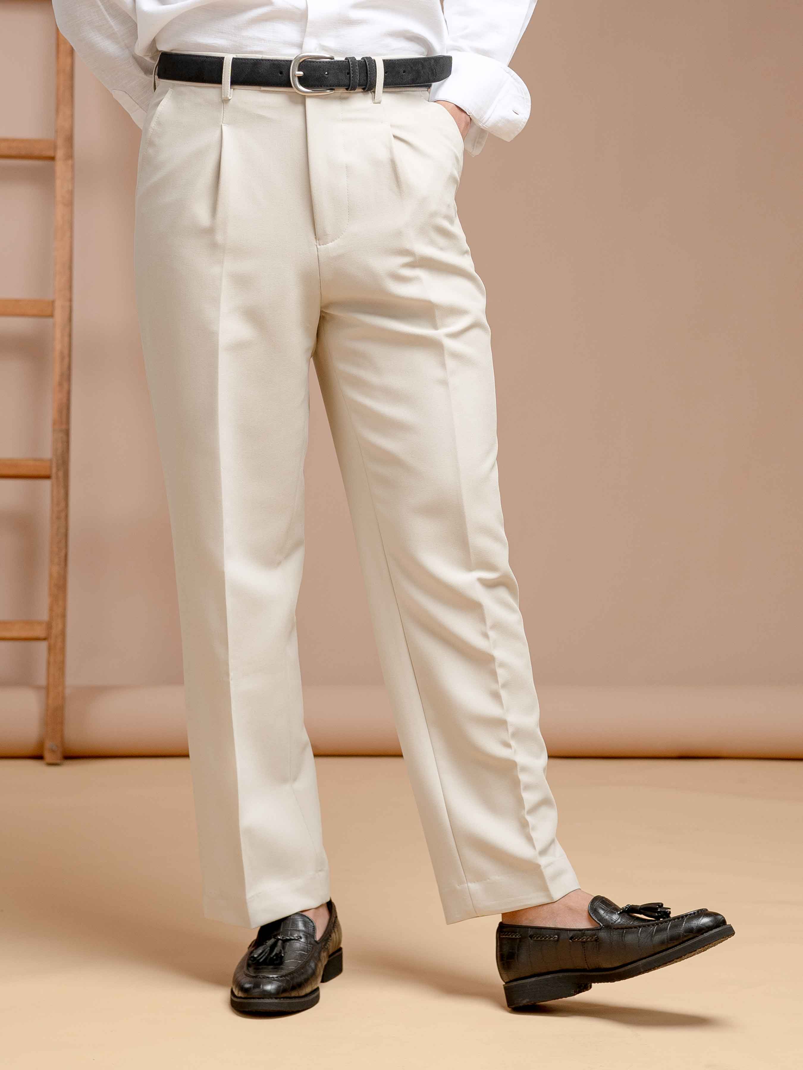 Vicolo Trousers With Belt Loop - Sand White Plain (Wide Fit)
