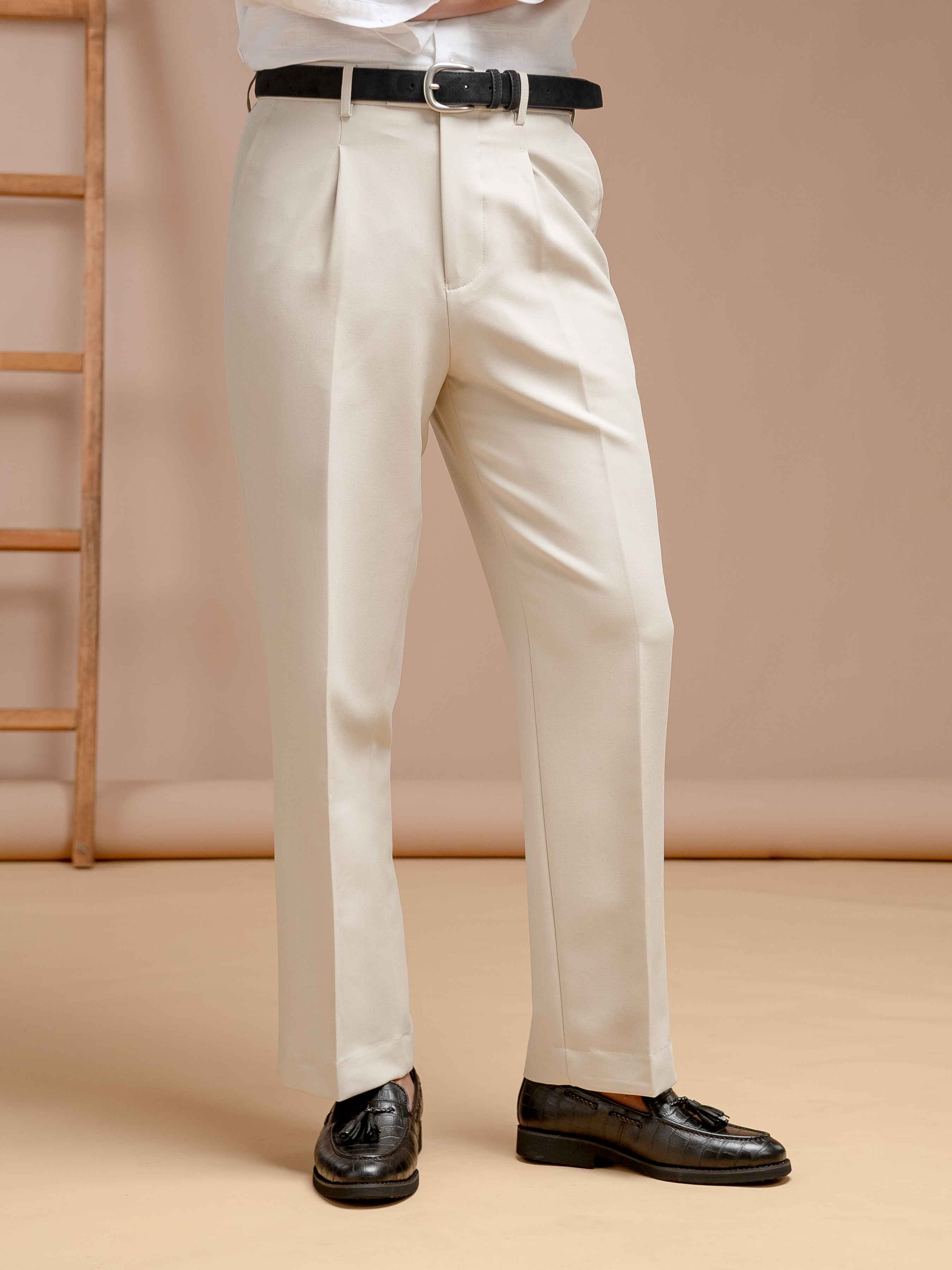Vicolo Trousers With Belt Loop - Sand White Plain (Wide Fit)