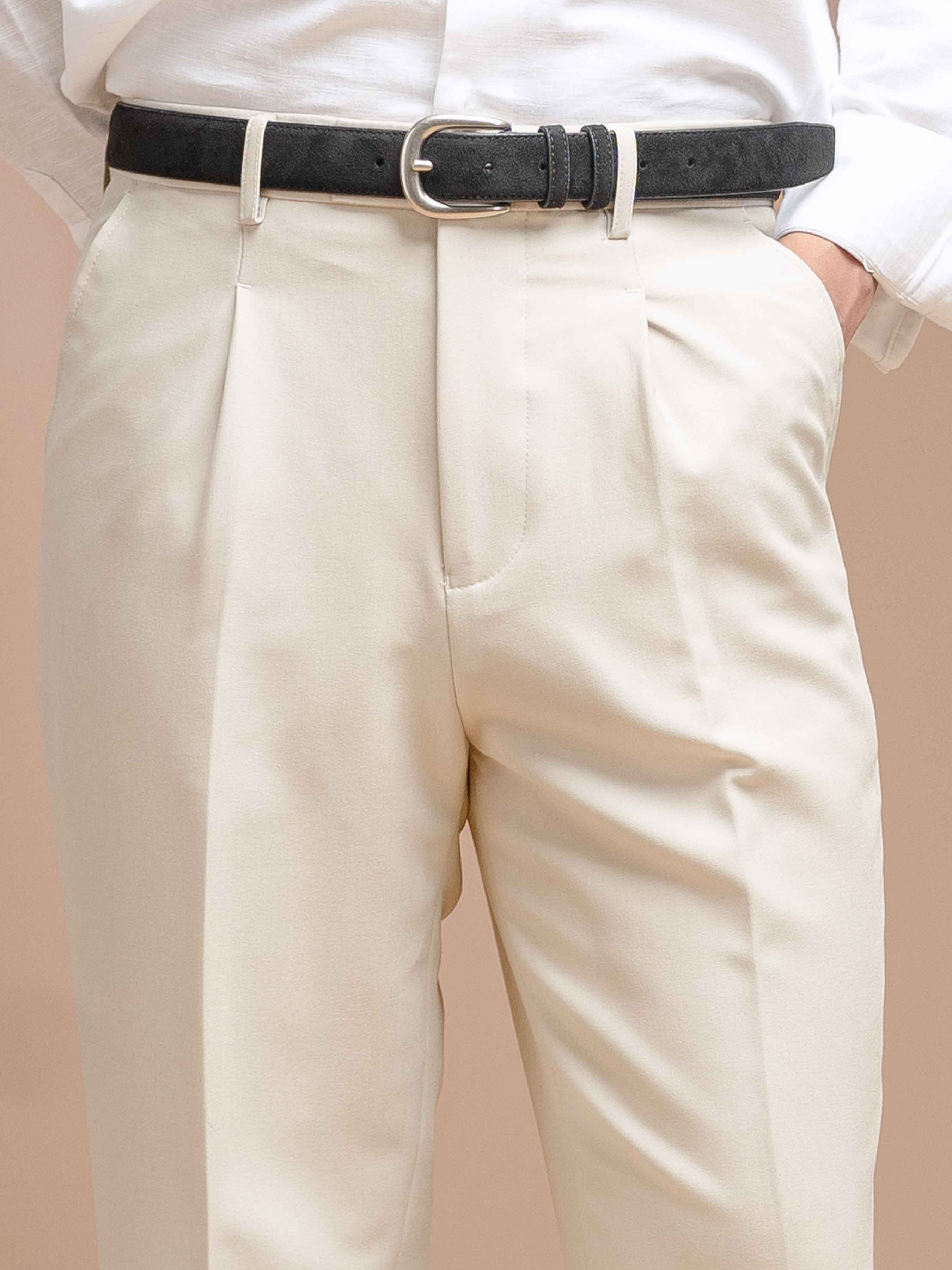 Vicolo Trousers With Belt Loop - Sand White Plain (Wide Fit)