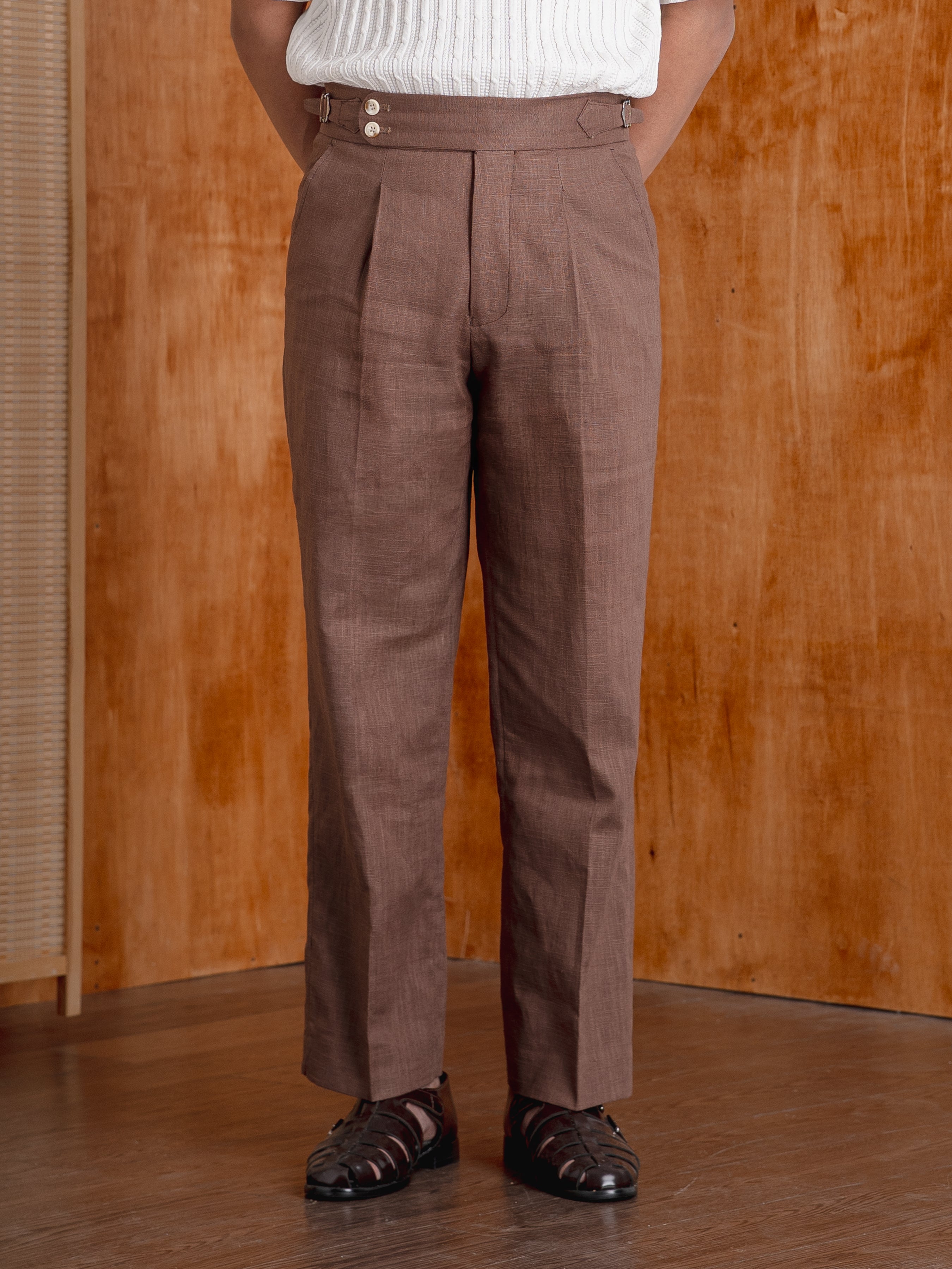 Trousers With Side Adjusters - Linen Coffee Plain (Wide Fit)