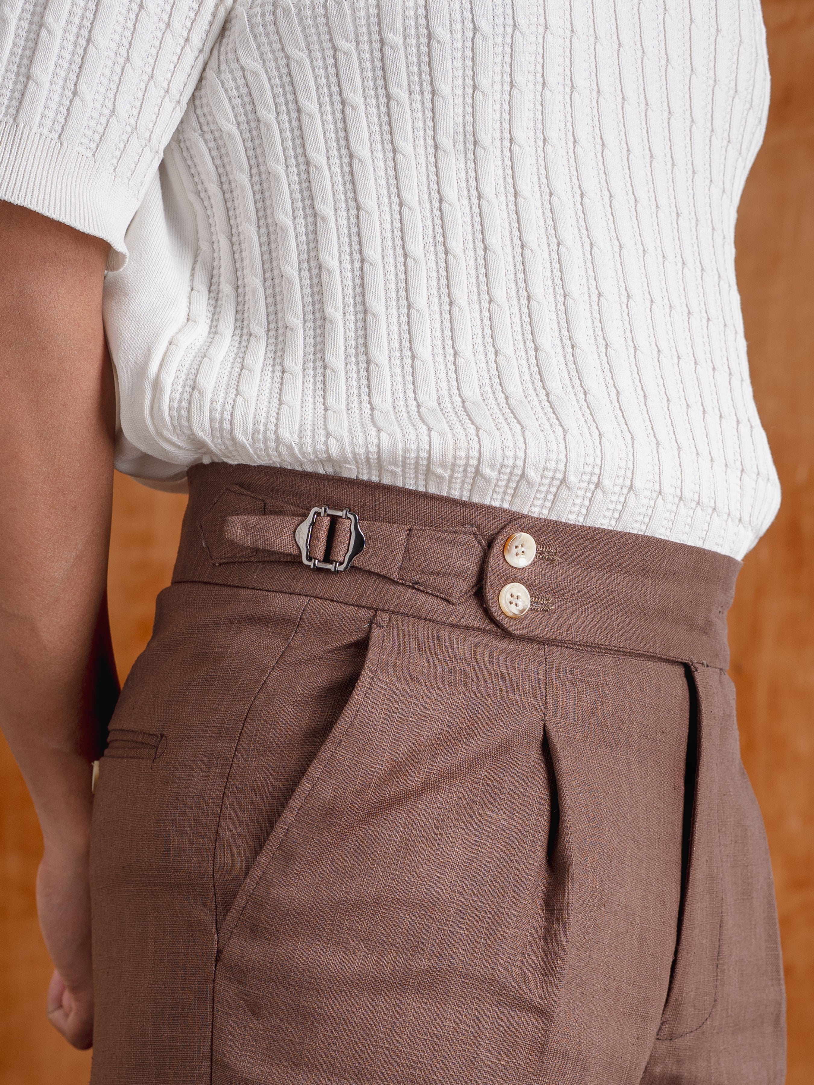 Trousers With Side Adjusters - Linen Coffee Plain (Wide Fit)