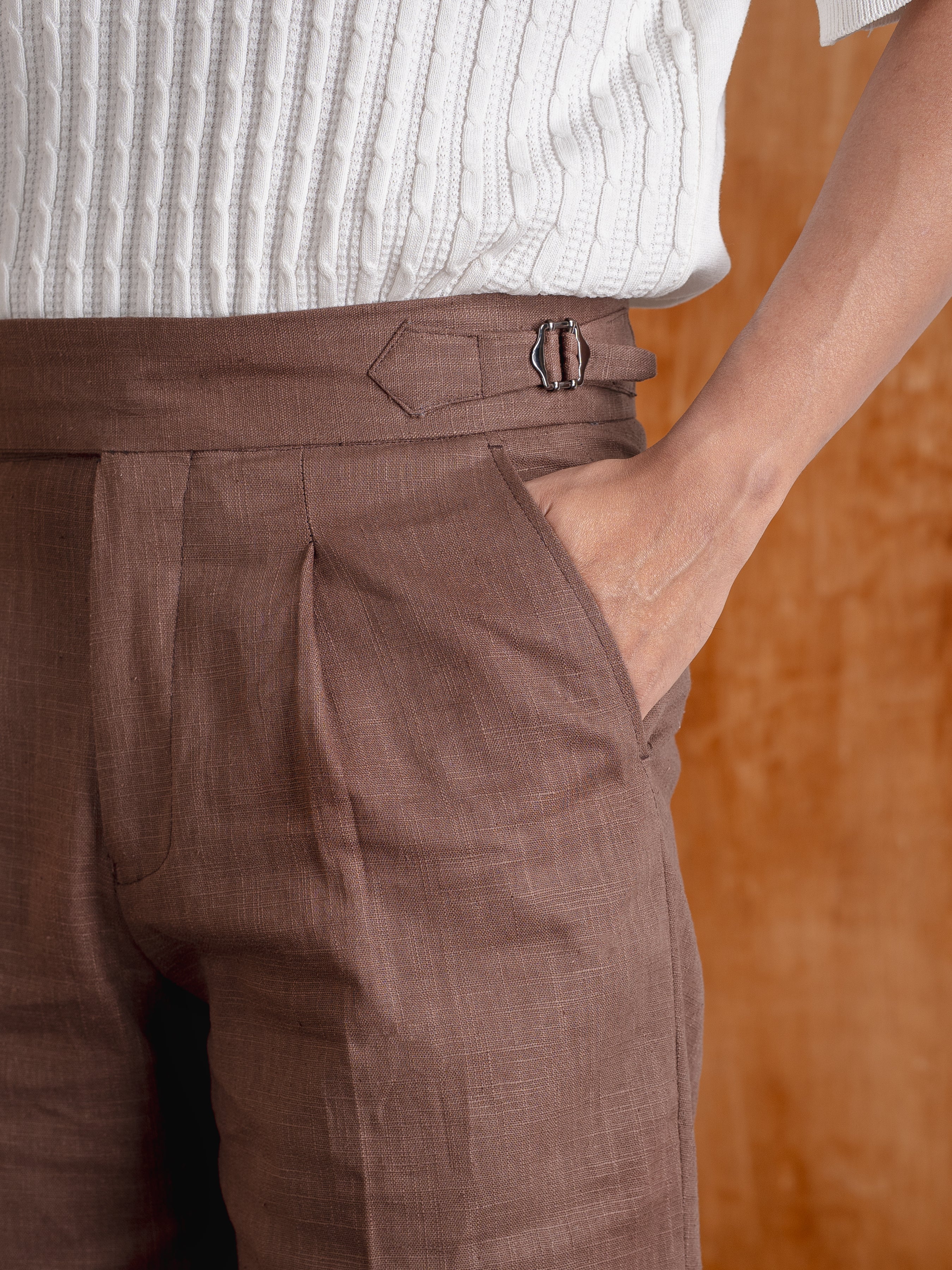 Trousers With Side Adjusters - Linen Coffee Plain (Wide Fit)