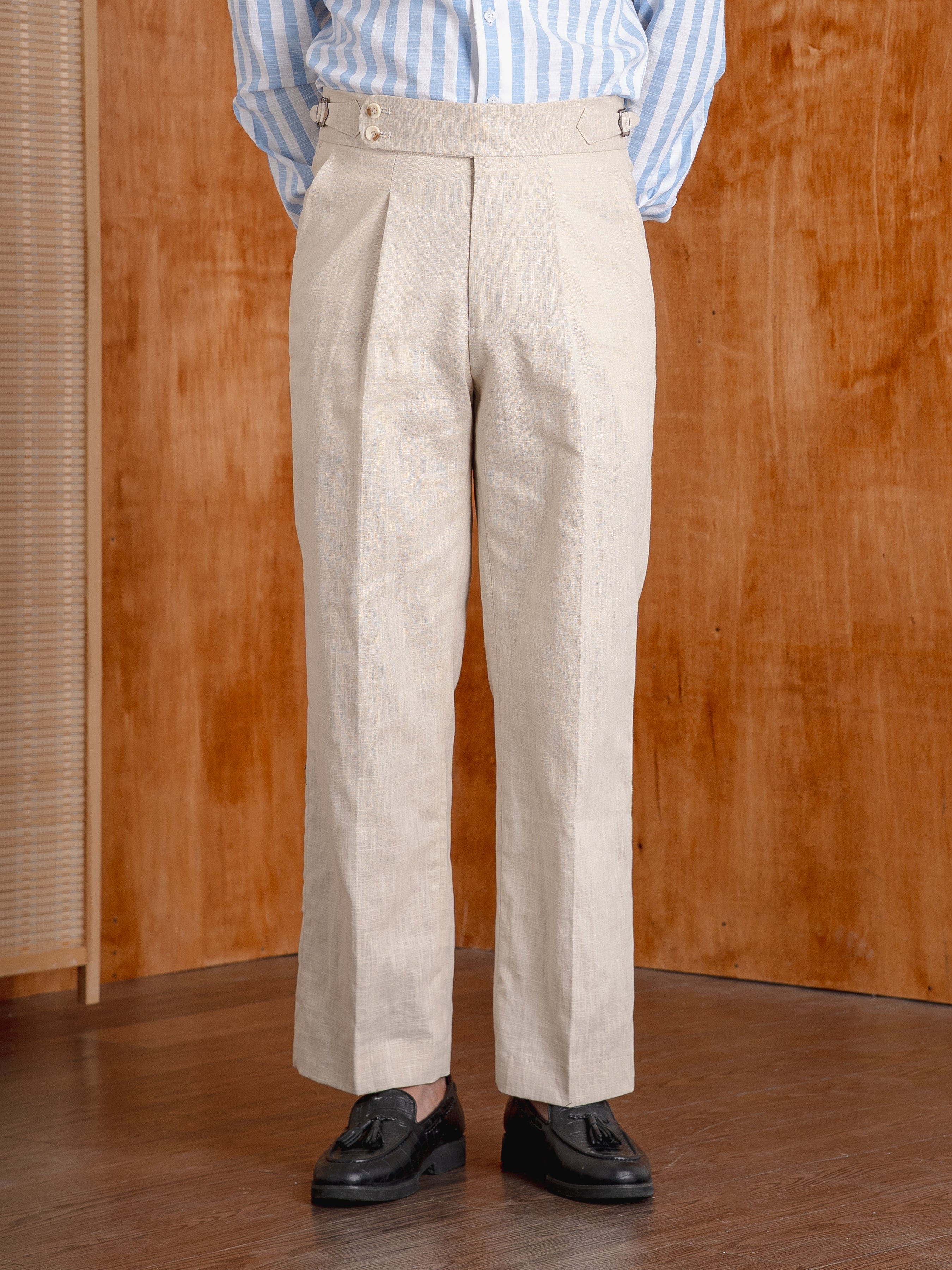 Trousers With Side Adjusters - Linen Cream Plain (Wide Fit)