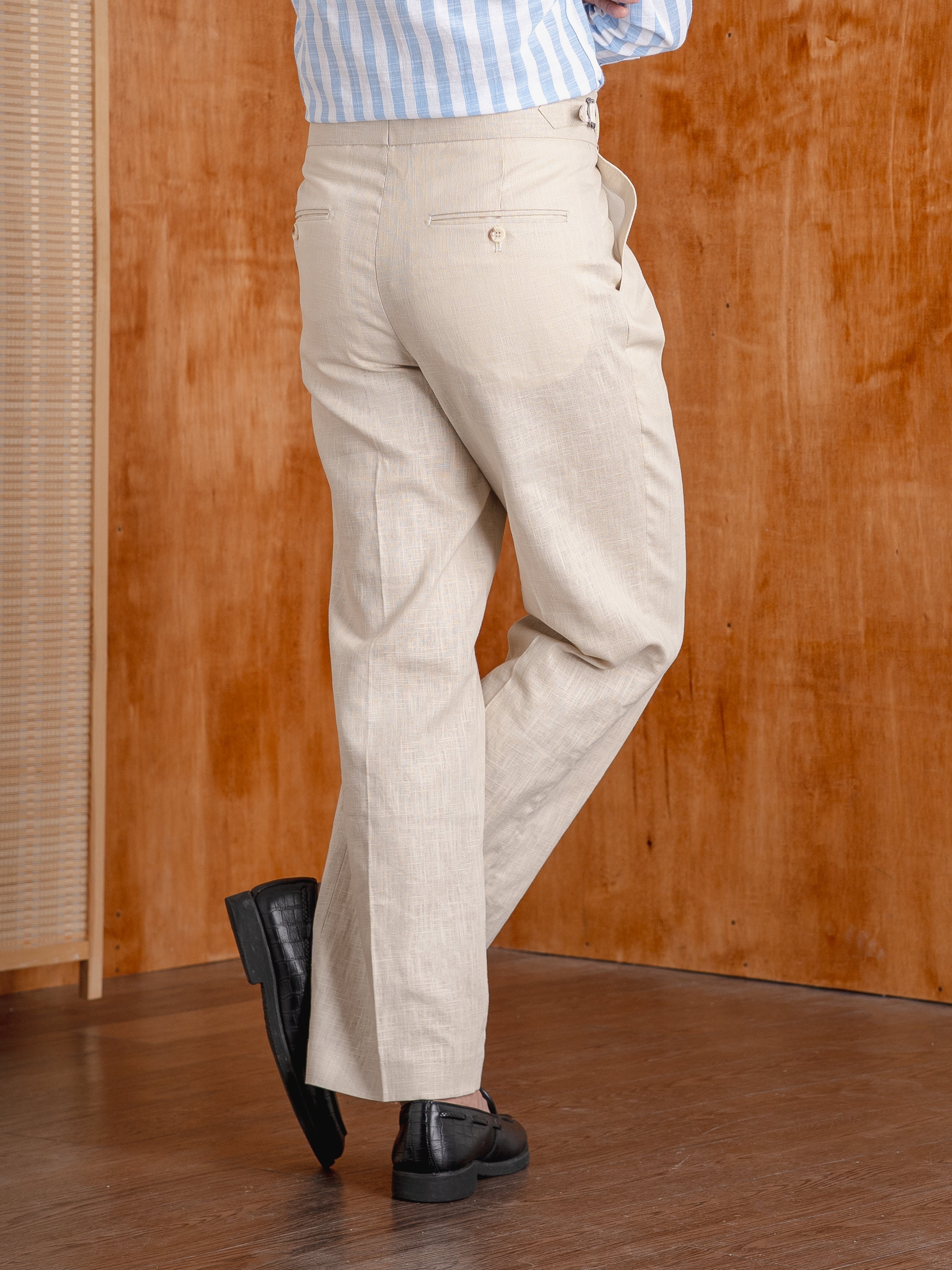 Trousers With Side Adjusters - Linen Cream Plain (Wide Fit)