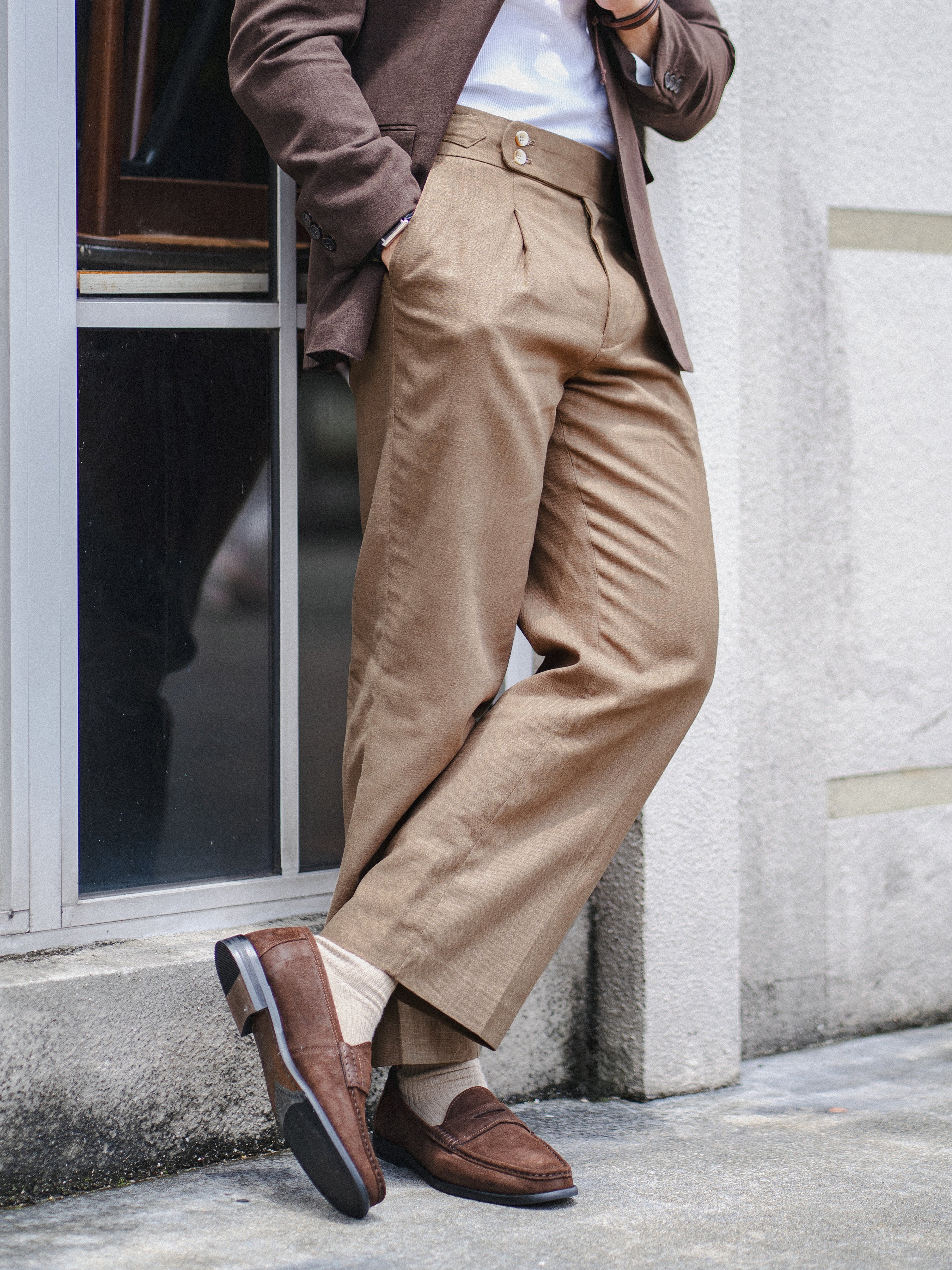 Trousers With Side Adjusters - Linen Olive Brown Plain (Wide Fit)