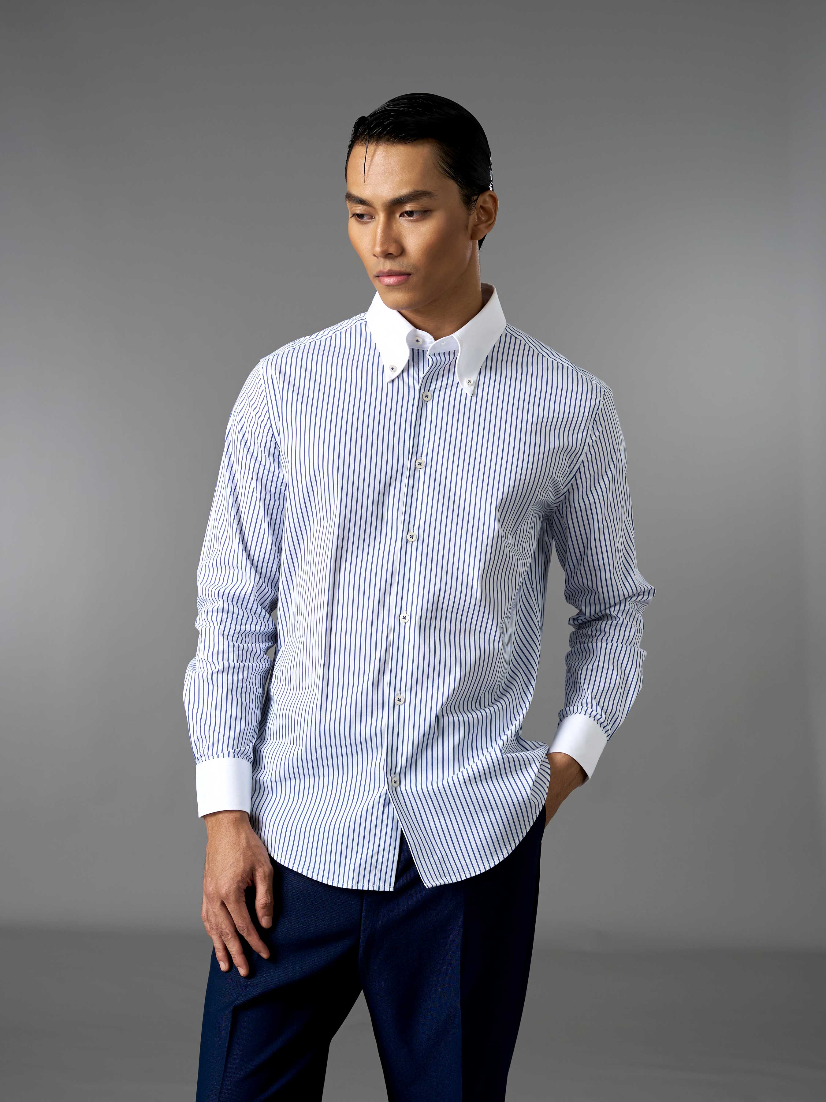 Two-Toned Shirt - White Blue Stripe (Button Down Collar)