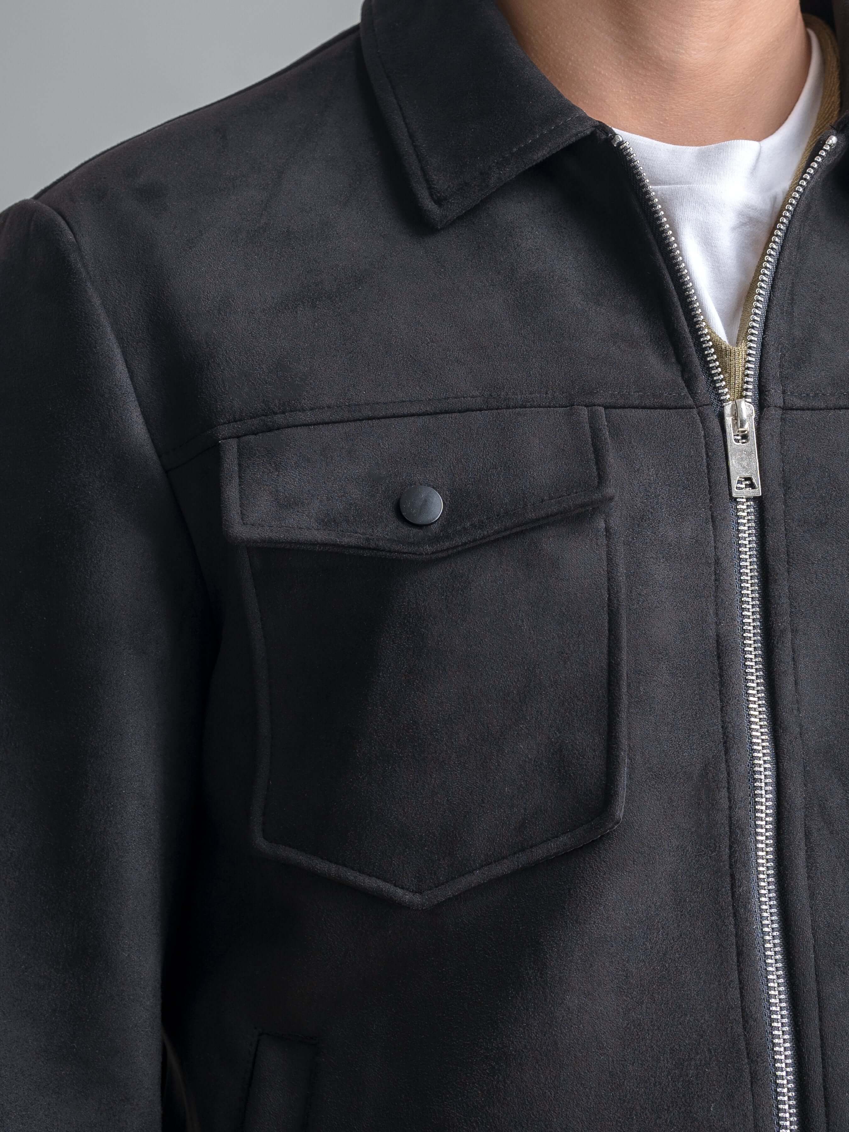 Suede Jacket With Zipper - Black