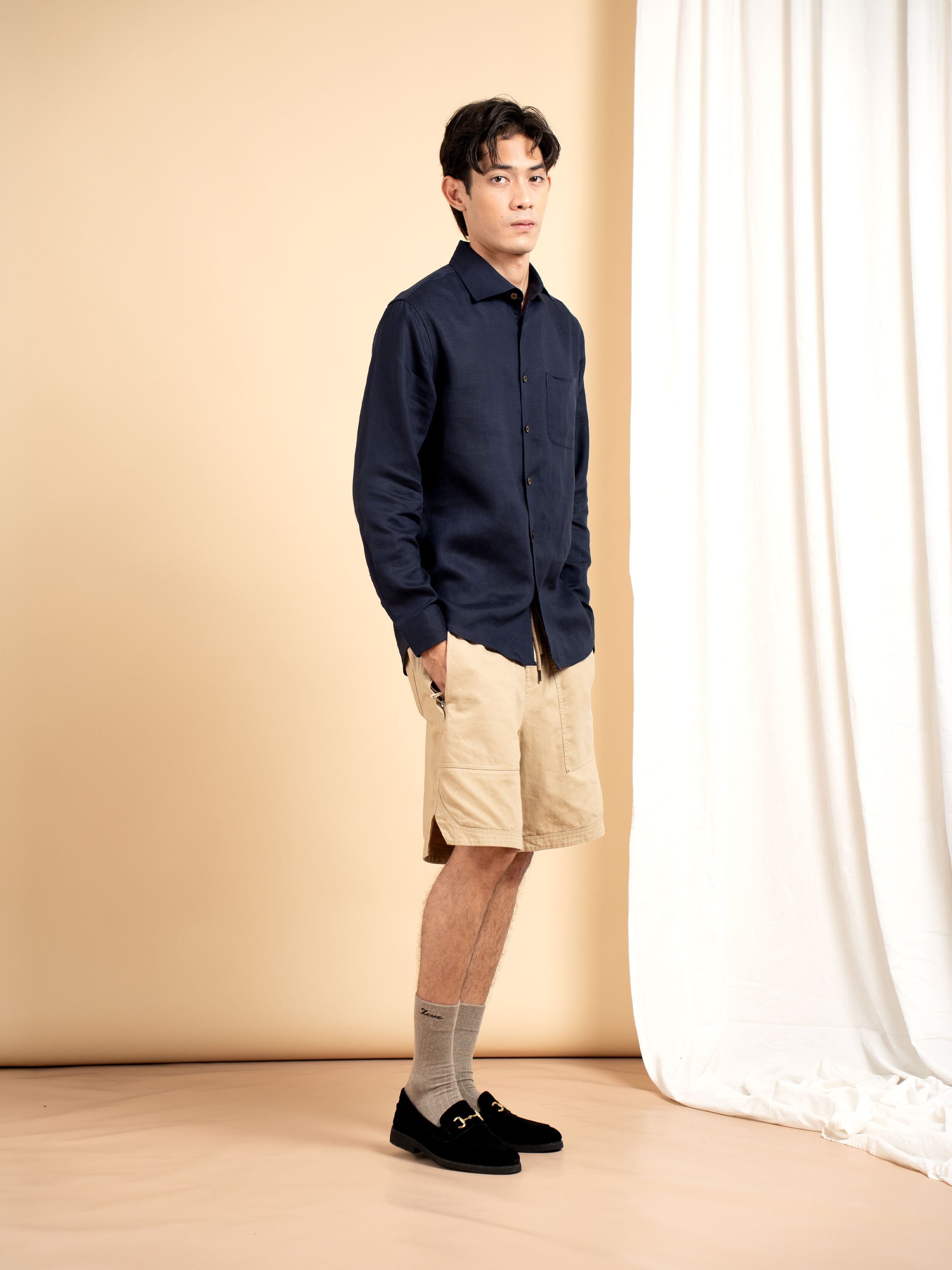 Vance Linen Shirt - Navy Blue Windsor Collar