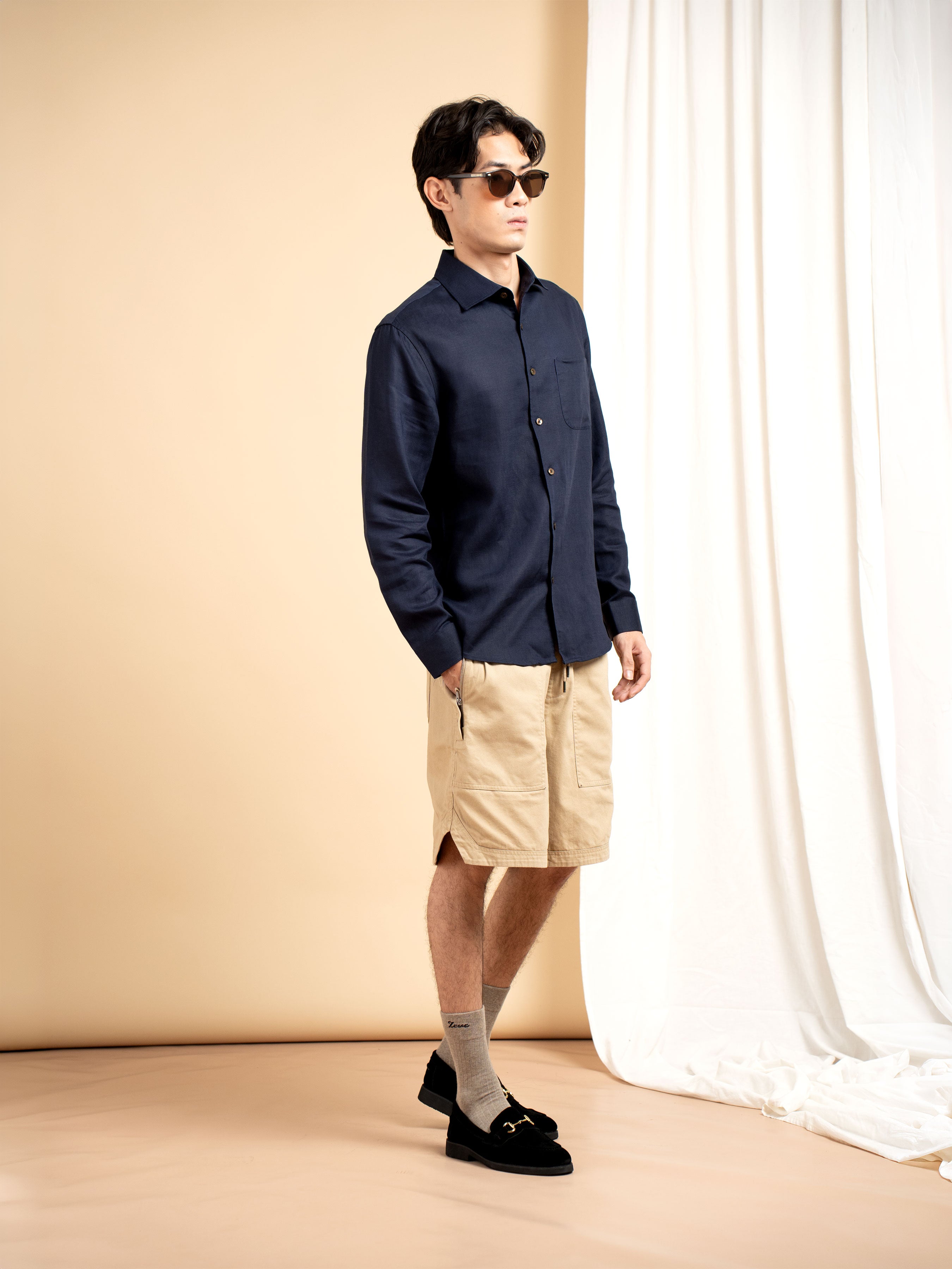 Vance Linen Shirt - Navy Blue Windsor Collar